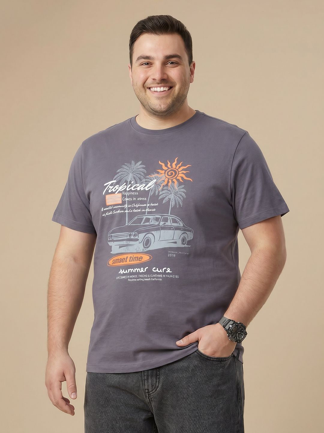 Sztori Plus Size Graphic Printed Pure Cotton T-shirt