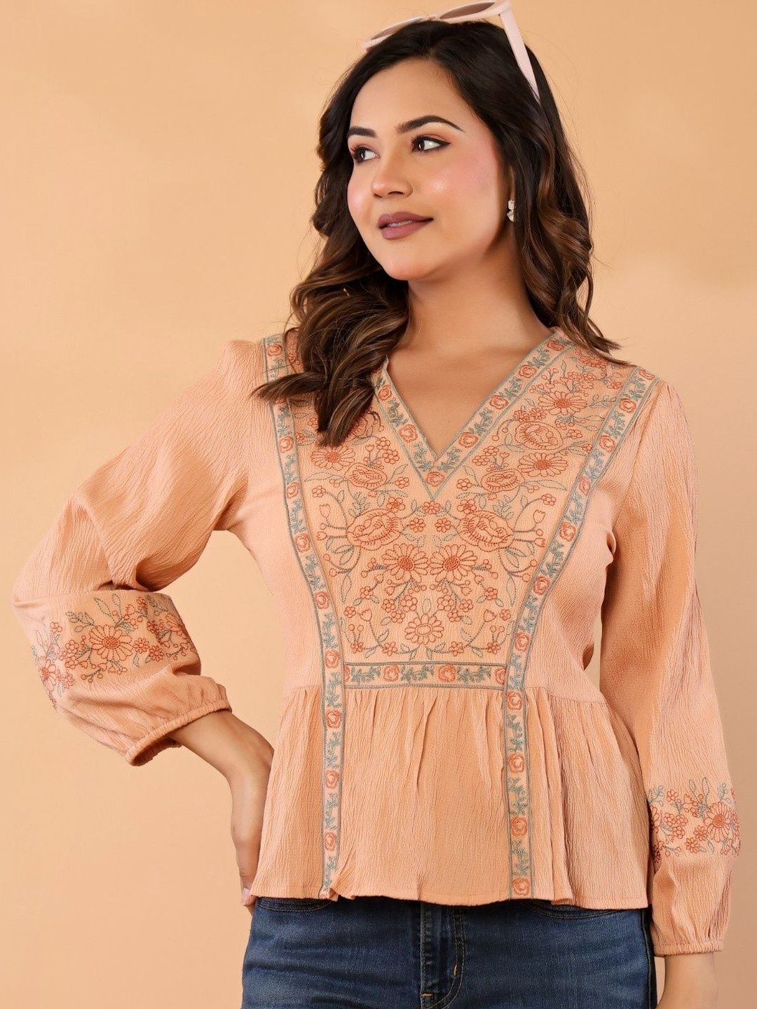 Sangria Embroidered V-Neck Regular Tops