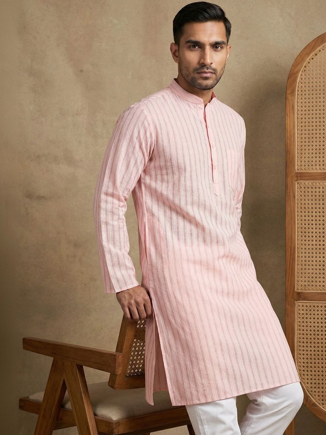 House of Pataudi Striped Mandarin Collar Knee Length Straight Kurta