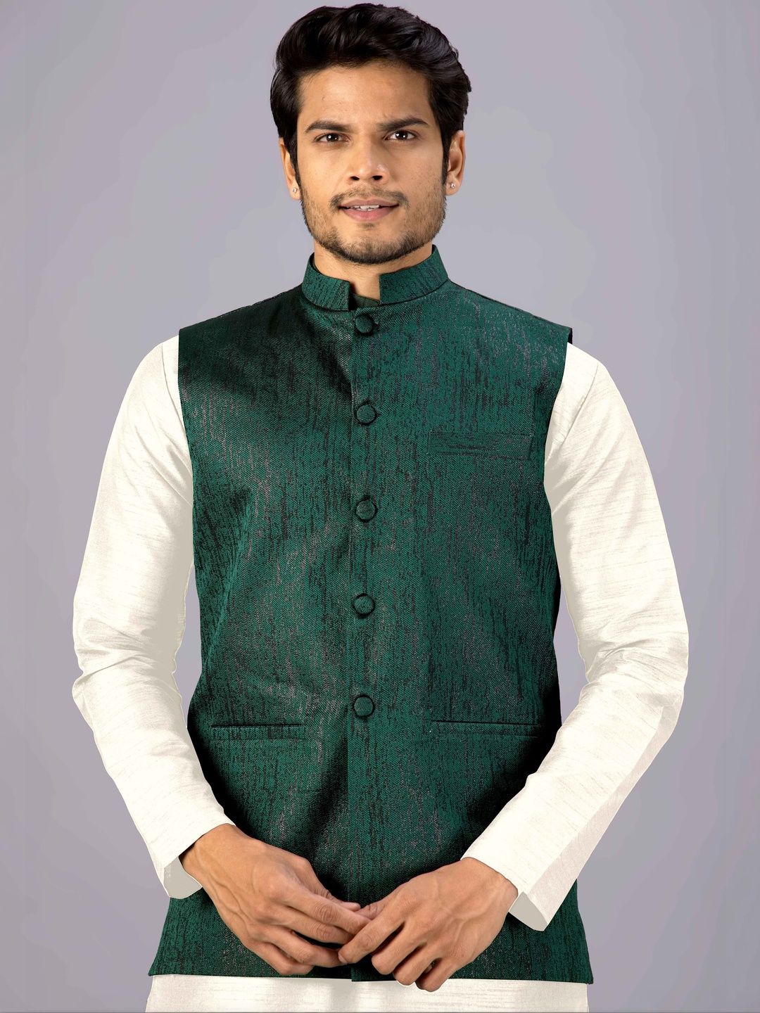 MODERN MUGHALS Textured Mandarin Collar Sleeveless Nehru Jackets