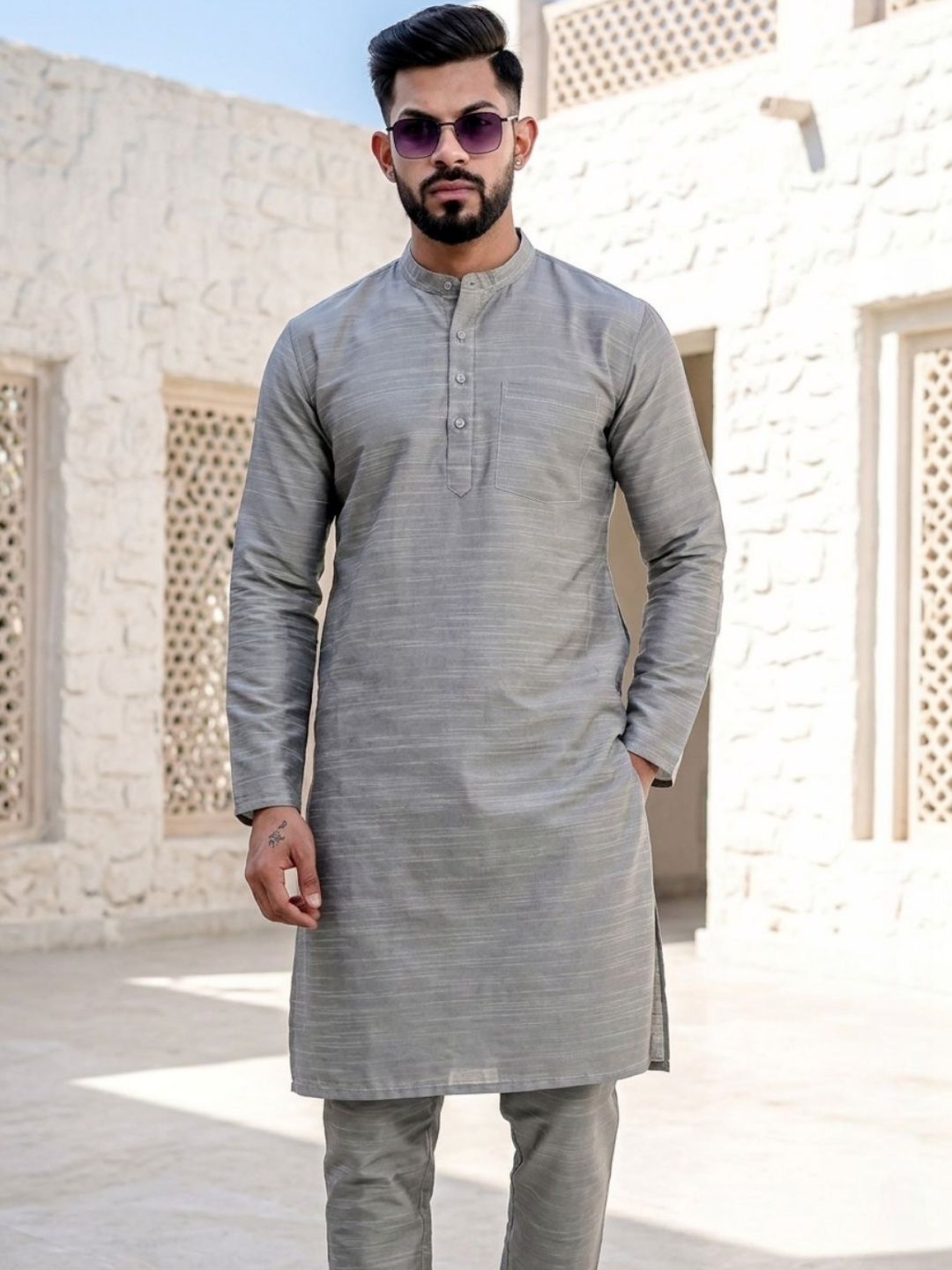 WHITE HEART Men Jacquard Kurta