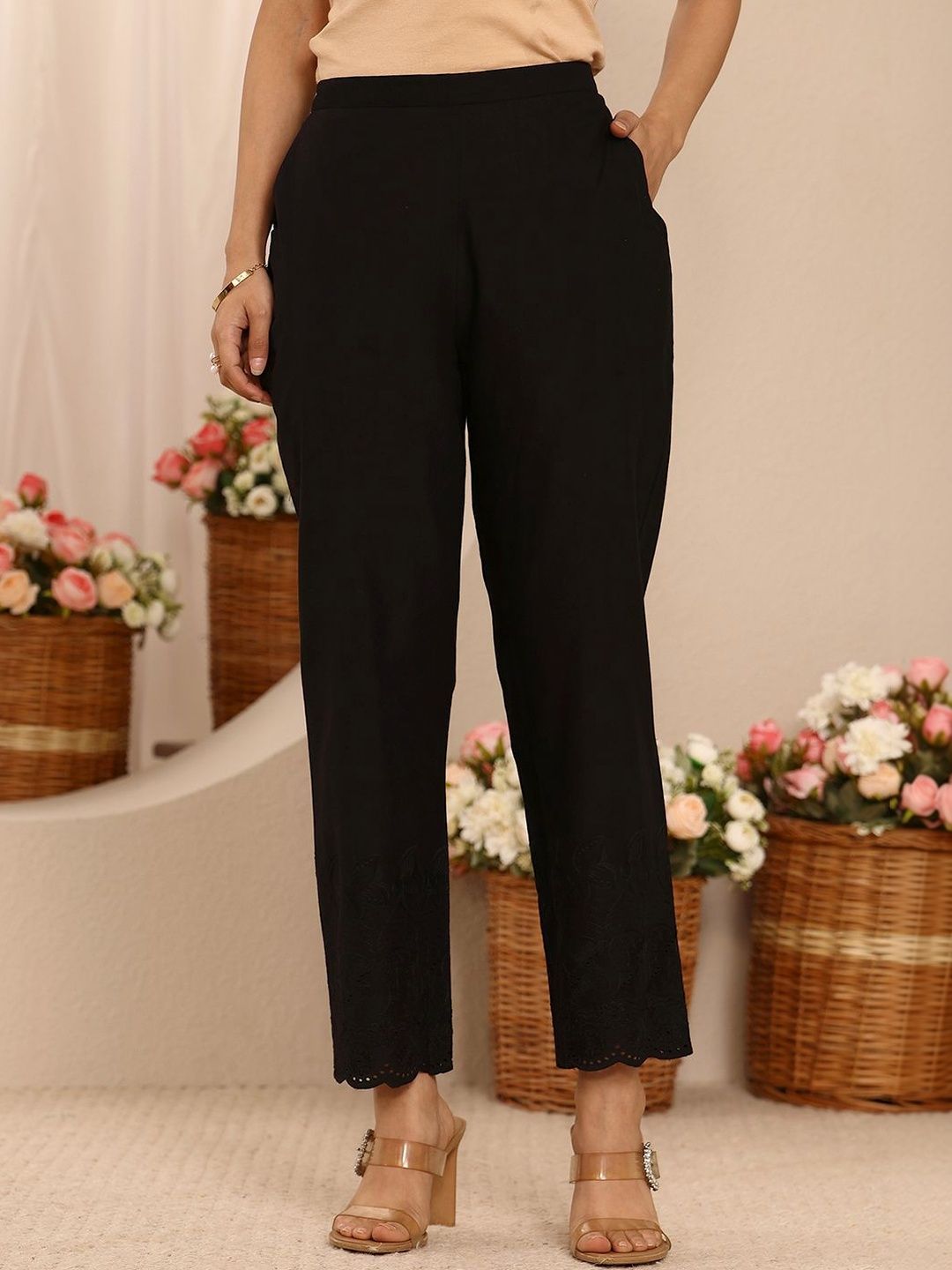 Libas Black Embroidered Cotton Palazzos
