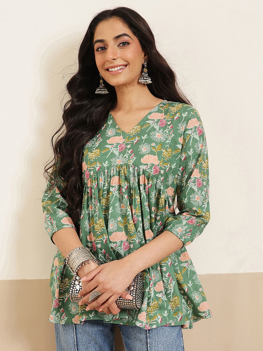 FEMBLISS Pure Cotton V-Neck Three-Quarter Sleeves Peplum Kurti