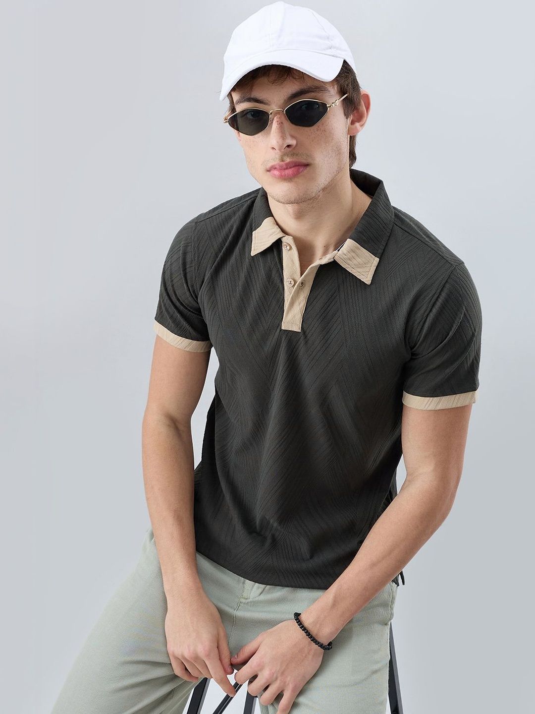 VASTRADO Deep Olive Contrast Polo Neck T-shirt