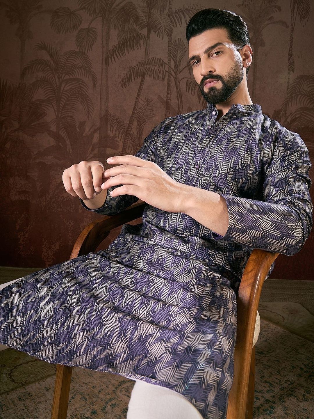 House of Pataudi Printed Mandarin Collar Calf Length Straight Kurtas