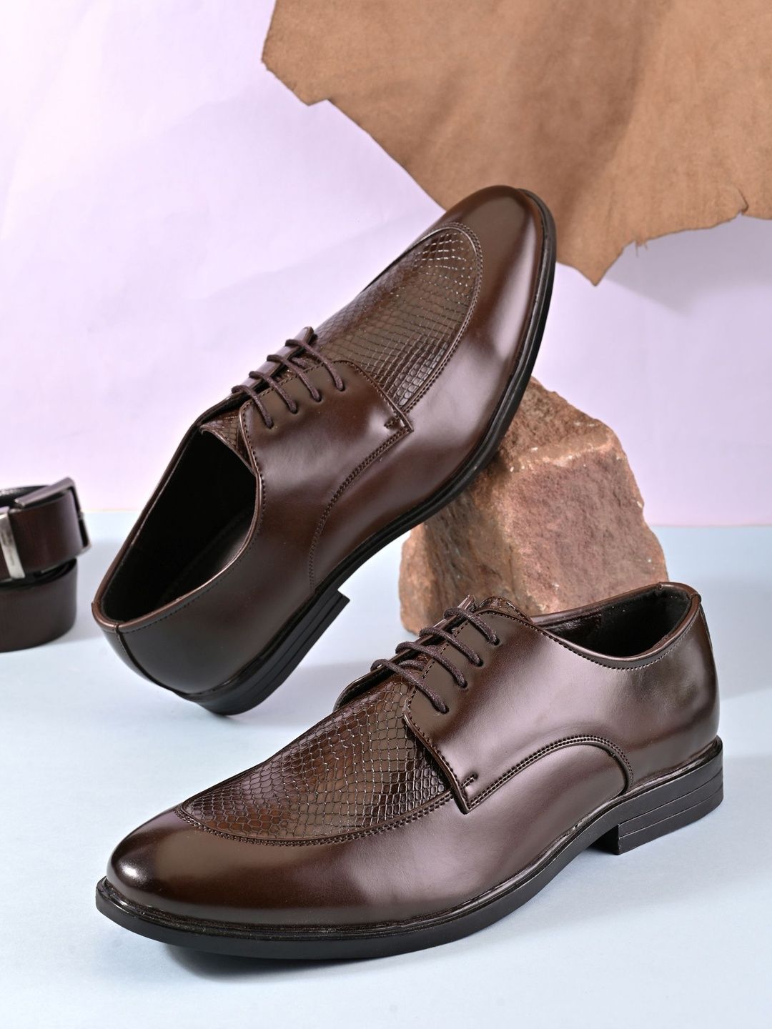 House of Pataudi Men Textured Round Toe Lace-Ups Oxfords Formal Shoes