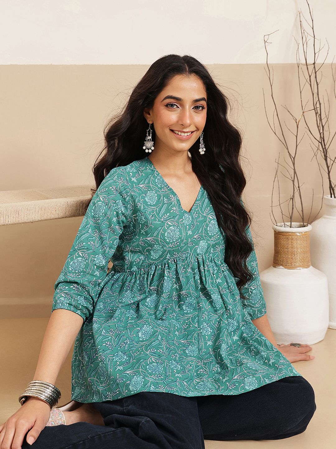 FEMBLISS Women Pure Cotton V-Neck Three-Quarter Sleeves Peplum Kurti