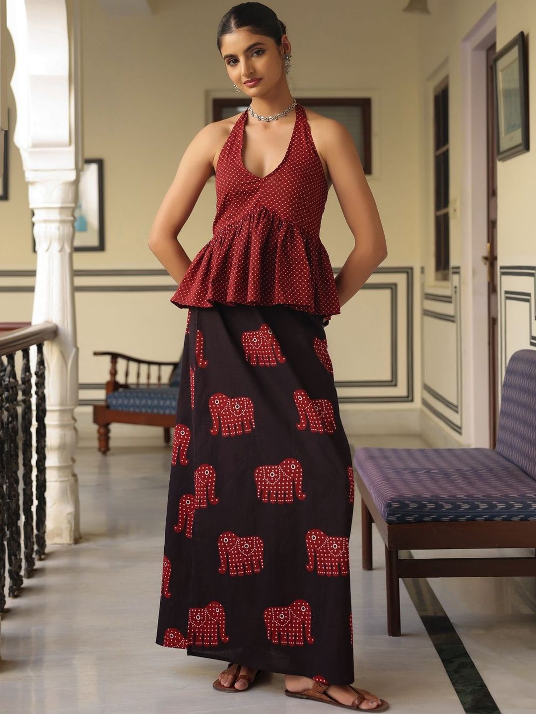 anayna Cotton Printed Top with Skirt