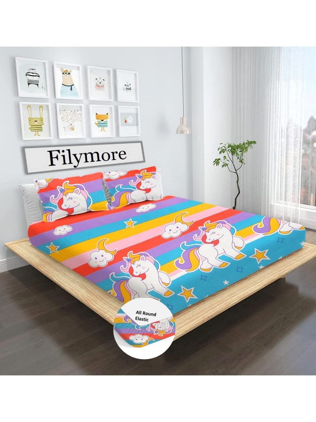 Filymore Filymore Multicoloured Conversational 300 TC Bedsheet with 2 Pillow Covers