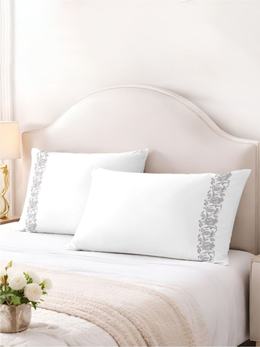 Enchant Home Enchant Home White & Silver-Toned 2 Pieces Embroidered Pure Cotton Rectangle Pillow Covers