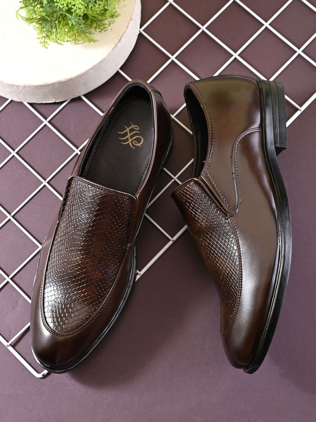 House of Pataudi Men Textured Round Toe Slip-On Formal Shoes