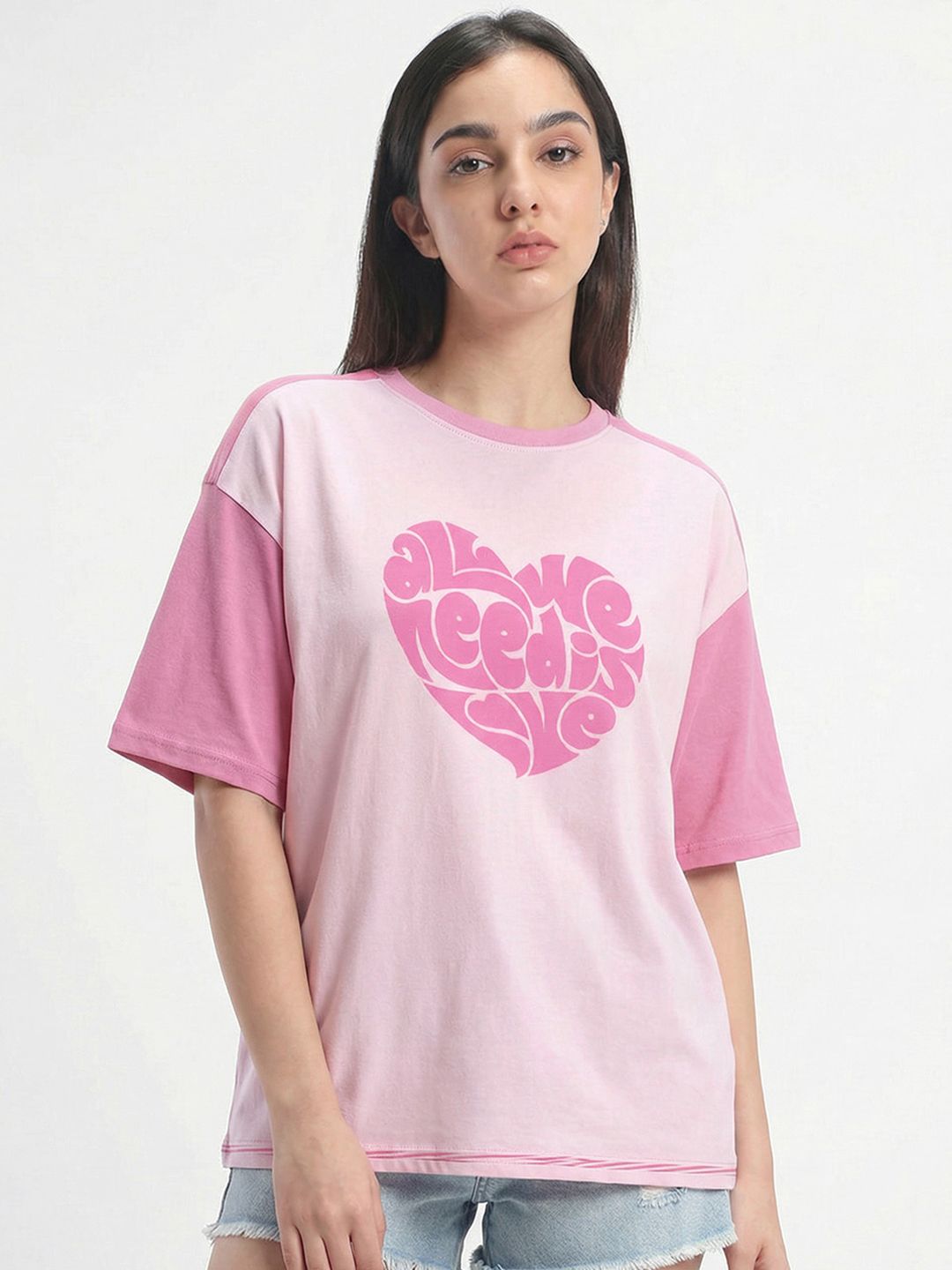 Crazymonk Crazymonk All We Need is Love Printed Drop-Shoulder Sleeves Cotton Oversized T-shirt