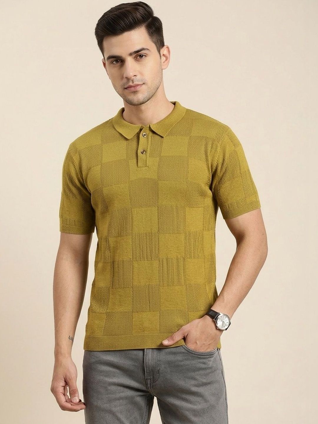 The Roadster Lifestyle Co. Men Self Design Polo Collar Cotton T-Shirts