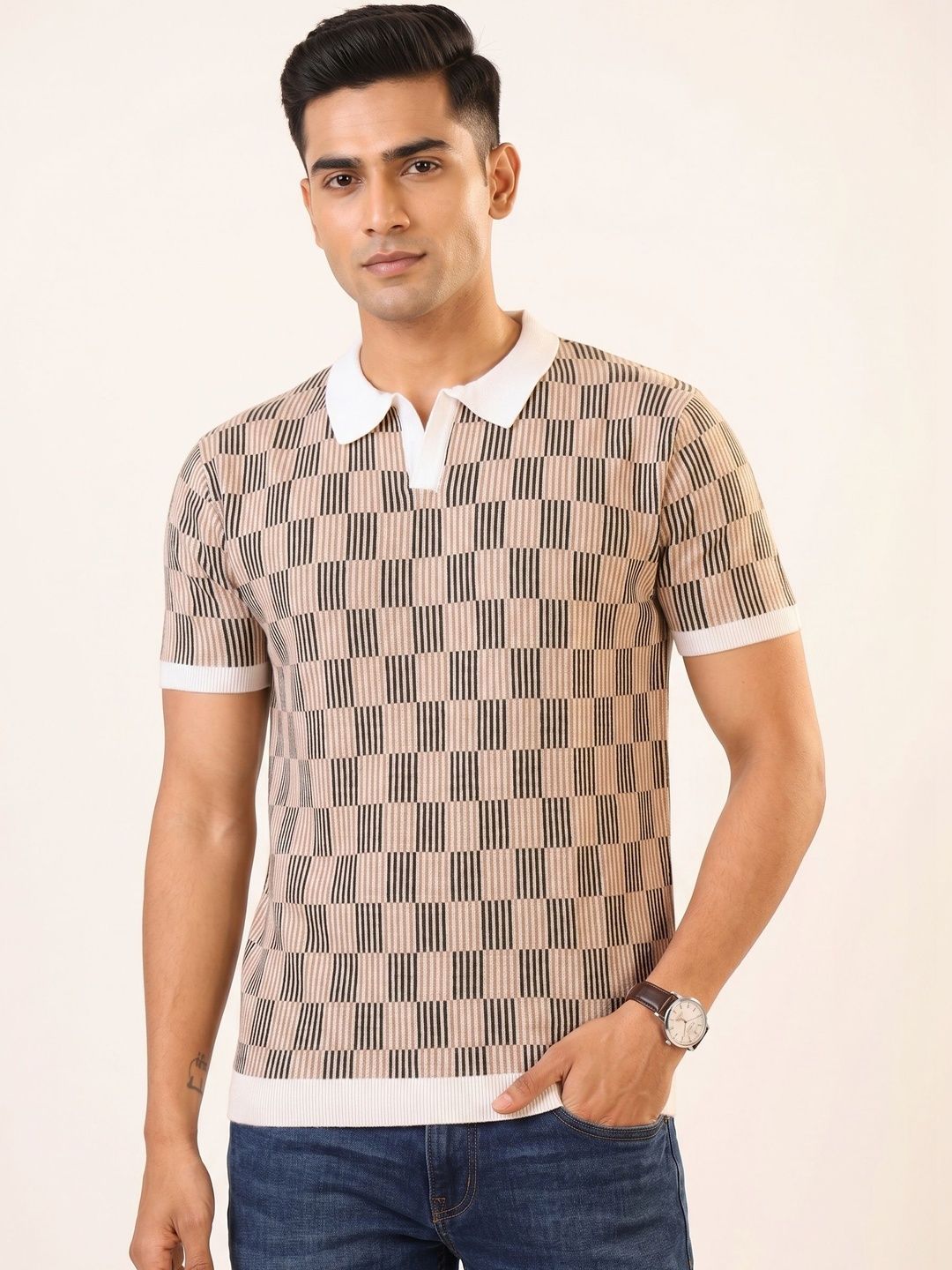The Roadster Lifestyle Co. Men Checked Polo Collar Cotton T-Shirts