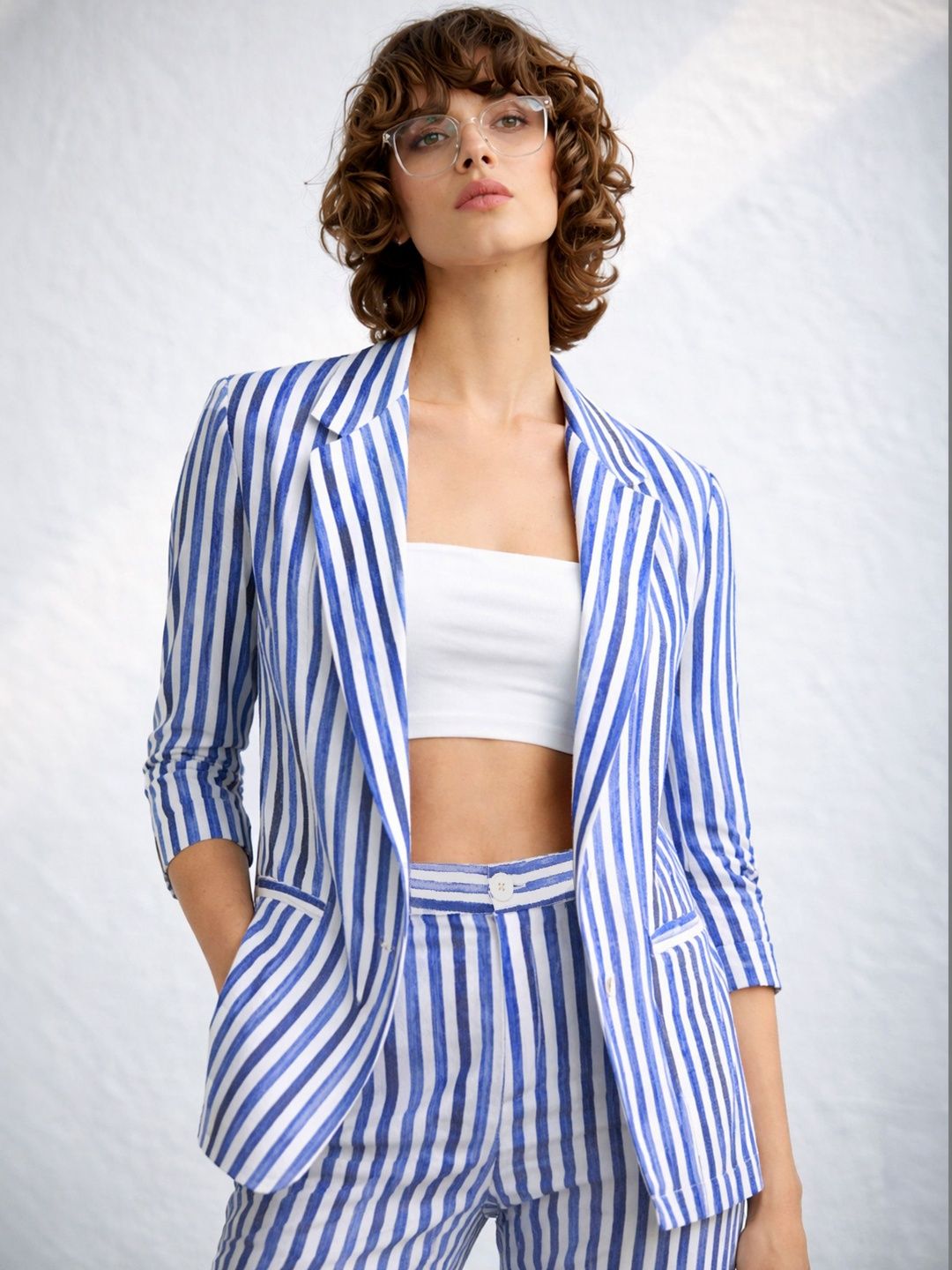 SASSAFRAS worklyf Blue Linen Striped Front Open Blazer