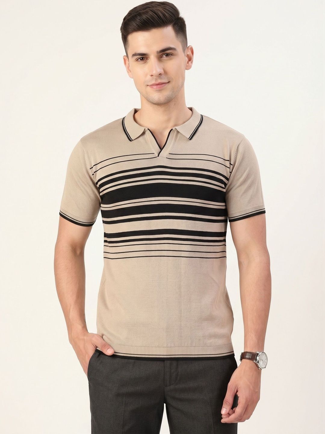 The Roadster Lifestyle Co. Men Striped Polo Collar Cotton T-Shirt