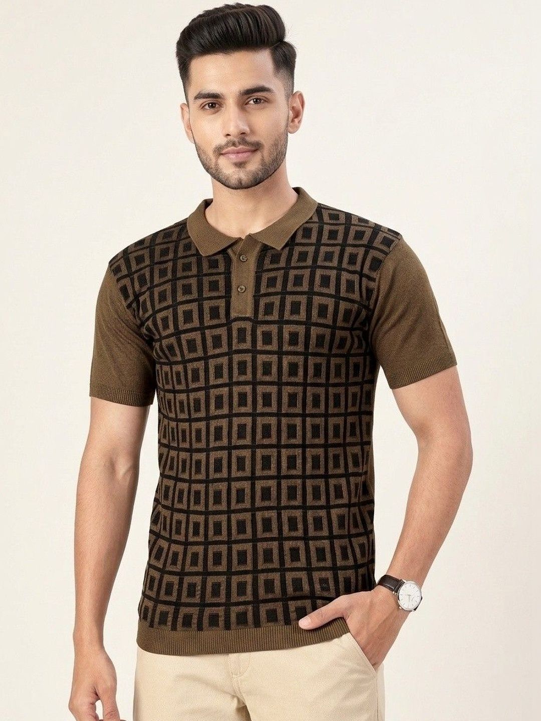 The Roadster Lifestyle Co. Men Checked Henley Neck Extended Sleeves Pockets T-shirt
