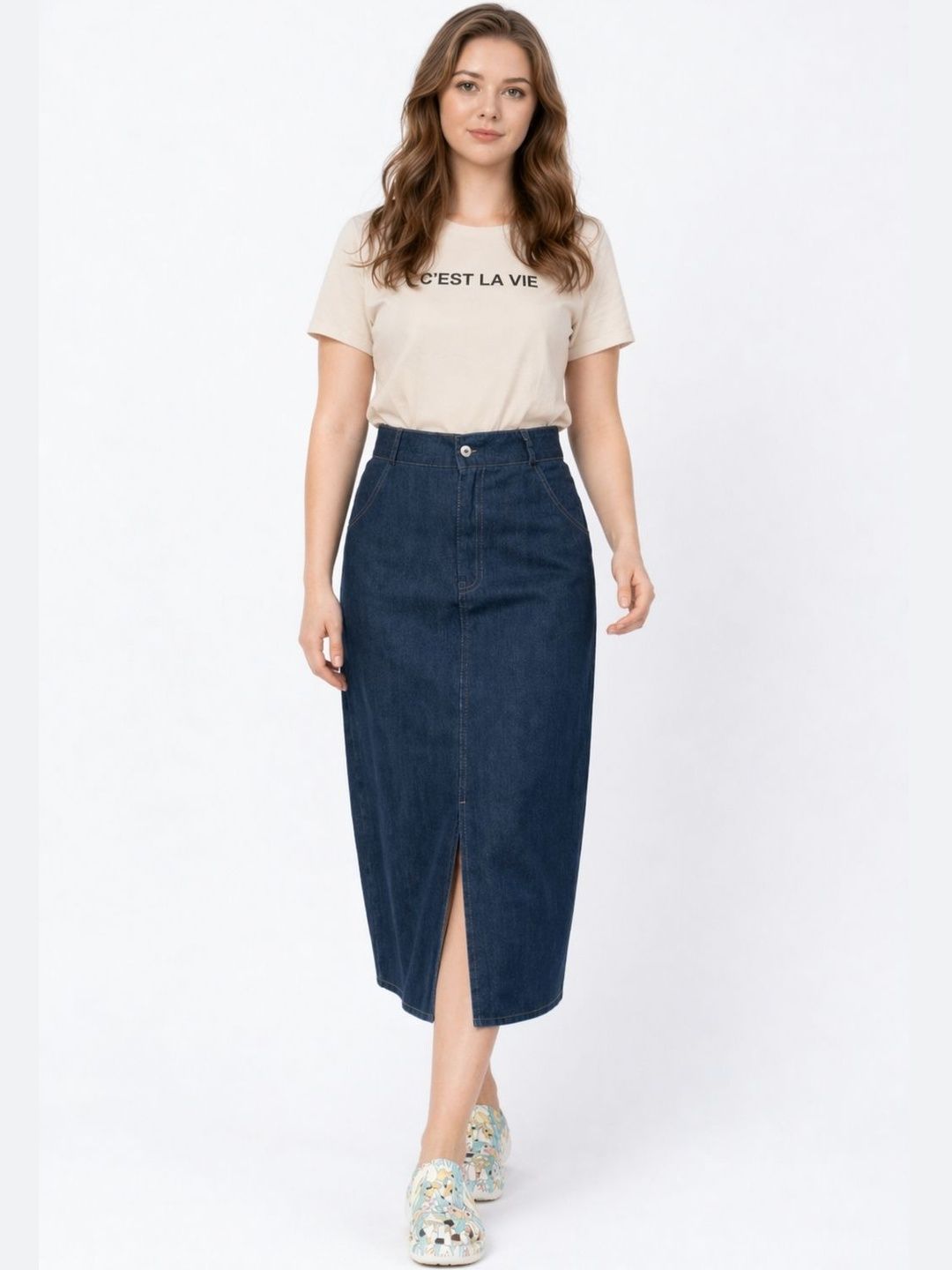 Tripursundari Fashion Women Denim Front Slit Midi Straight Skirt