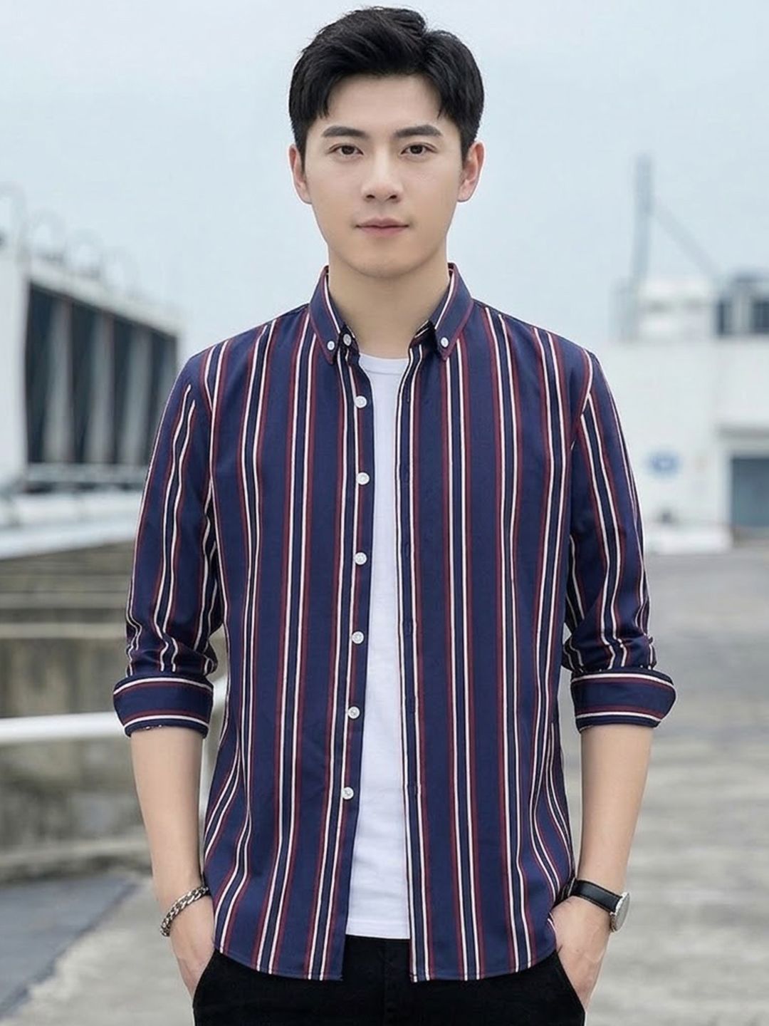 StyleCast x Revolte Navy Blue Vertical Striped Slim Fit Shirt