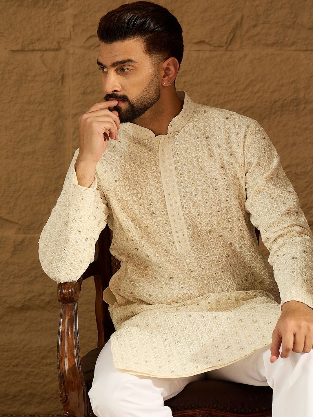 House of Pataudi Printed Pure Cotton Mandarin Collar Knee Length Straight Kurta