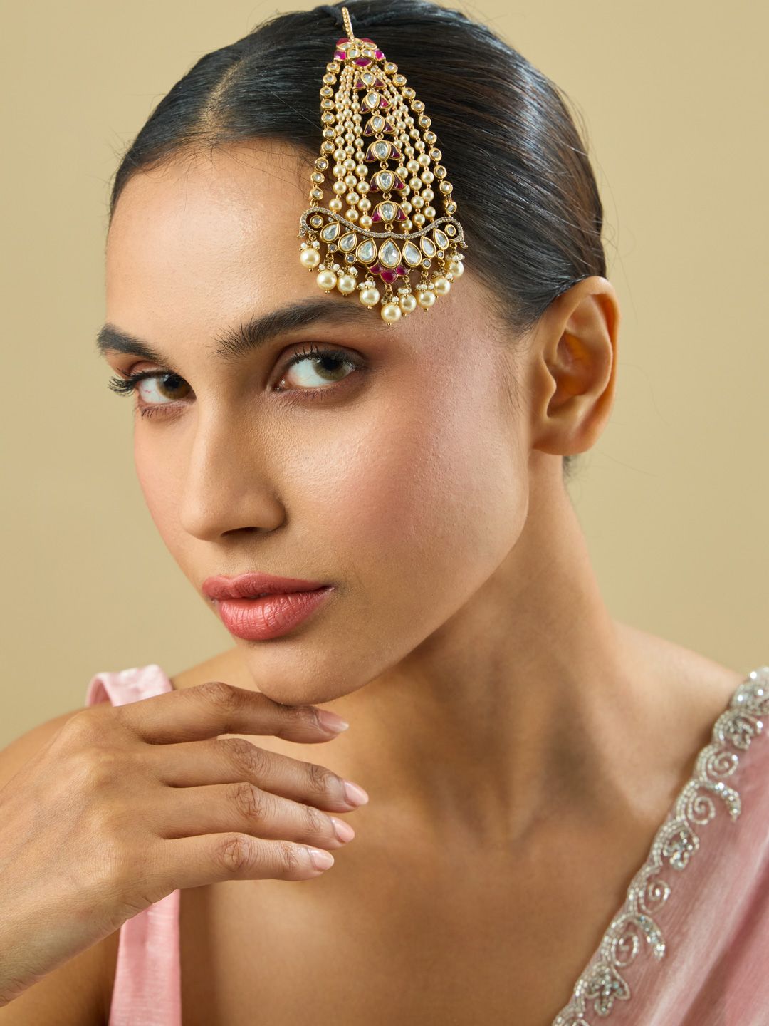 Women Hair Accessory Set Kushal's Fashion Jewellery Embellished Bridal Ruby Victorian-Plated Kundan Hair Brooch