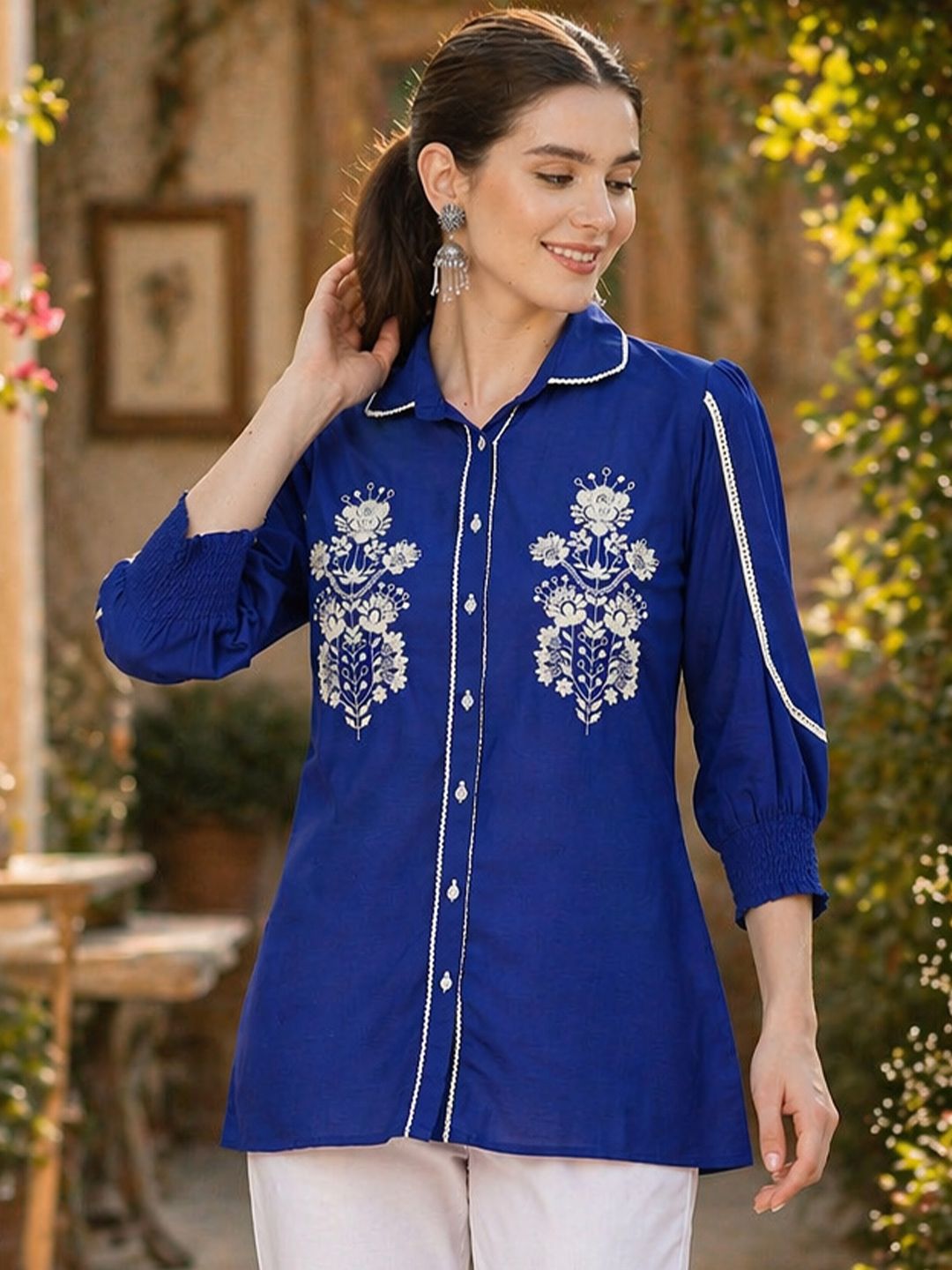 Buy Nayam By Lakshita Puff Floral Embroidered Linen Shirt Collar