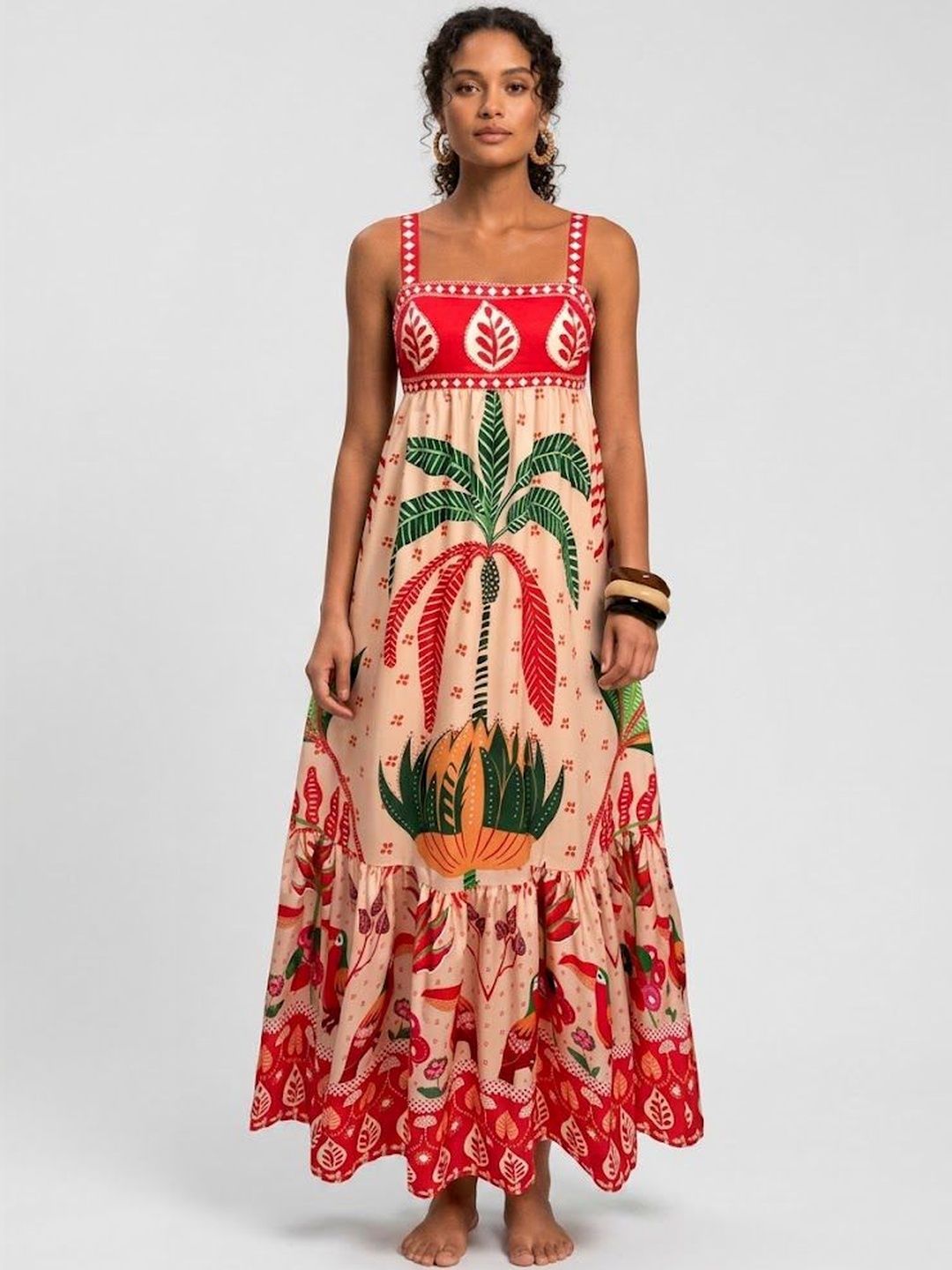 StyleCast x Revolte Red Tropical Graphic Print Maxi Dress with Shoulder Straps