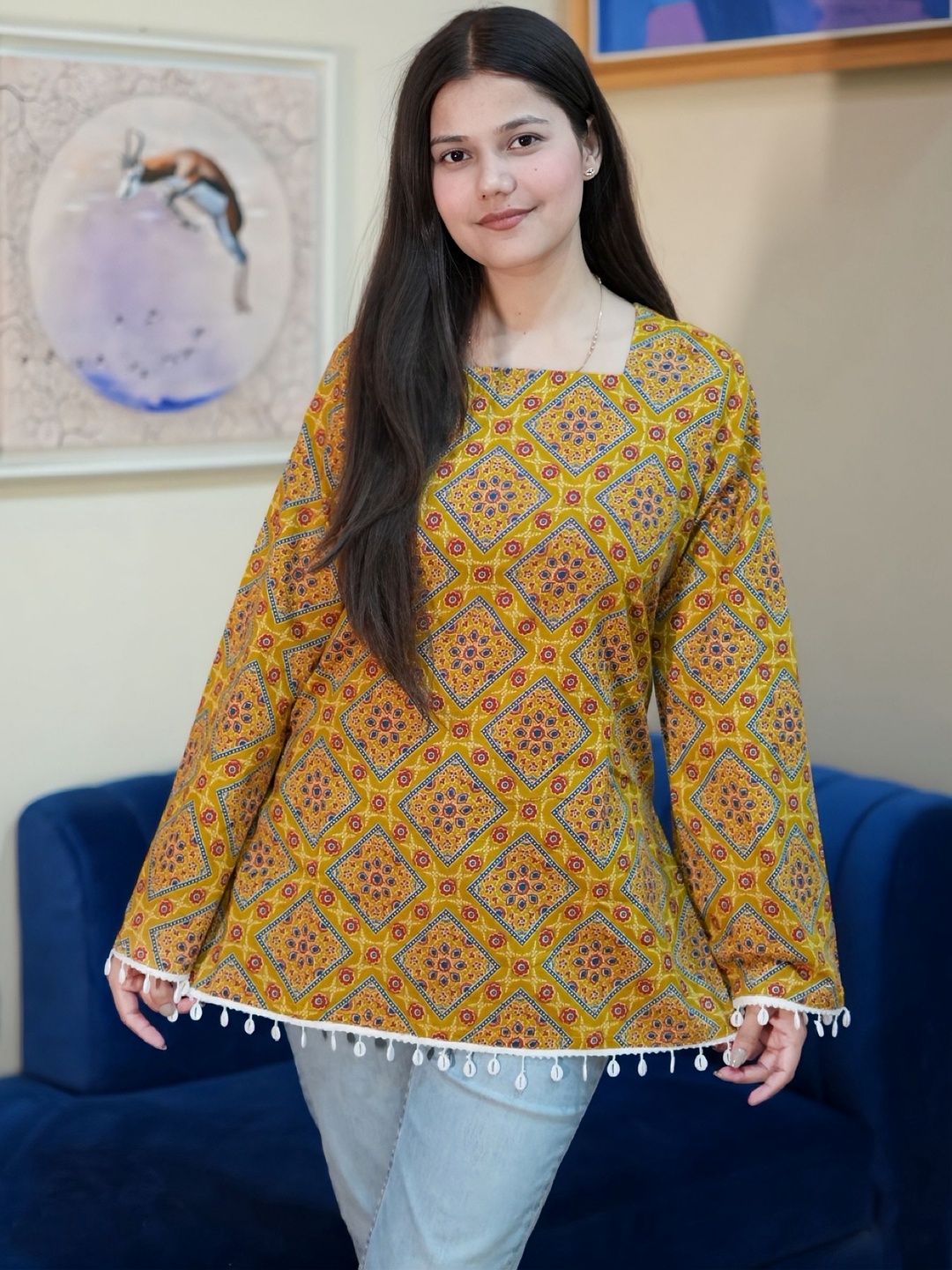 Deeps Fashion Geometric Printed Square Neck Flared Sleeves Pure Cotton Kurti
