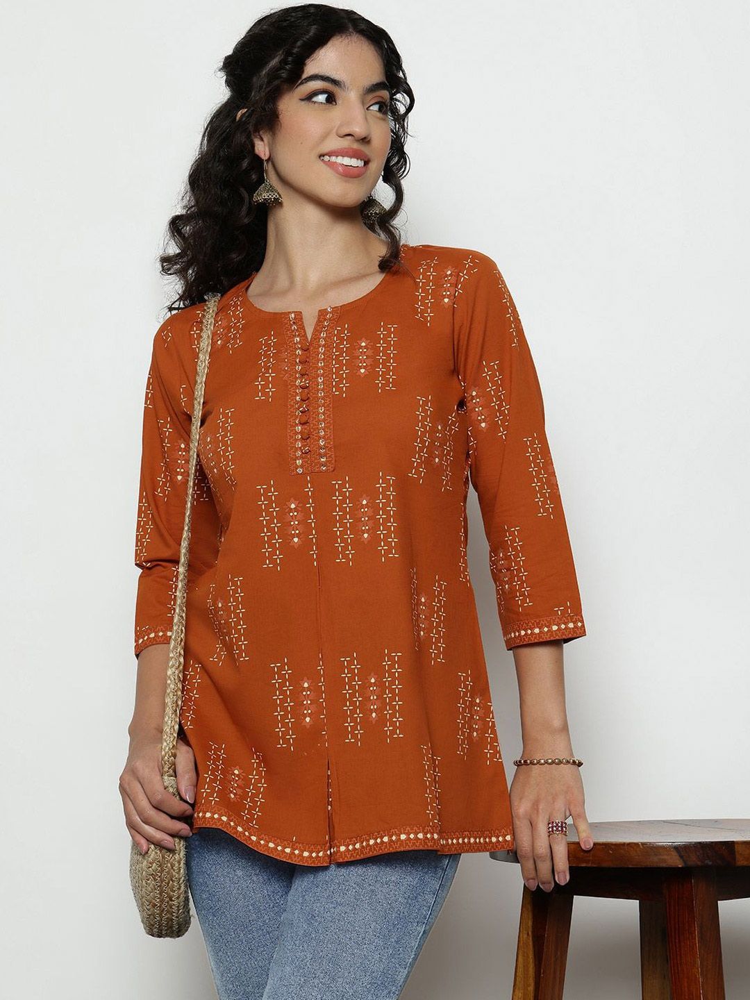 Buy Vbuyz Womens Rust Foil Printed A-Line Cotton Tunic Top with 3