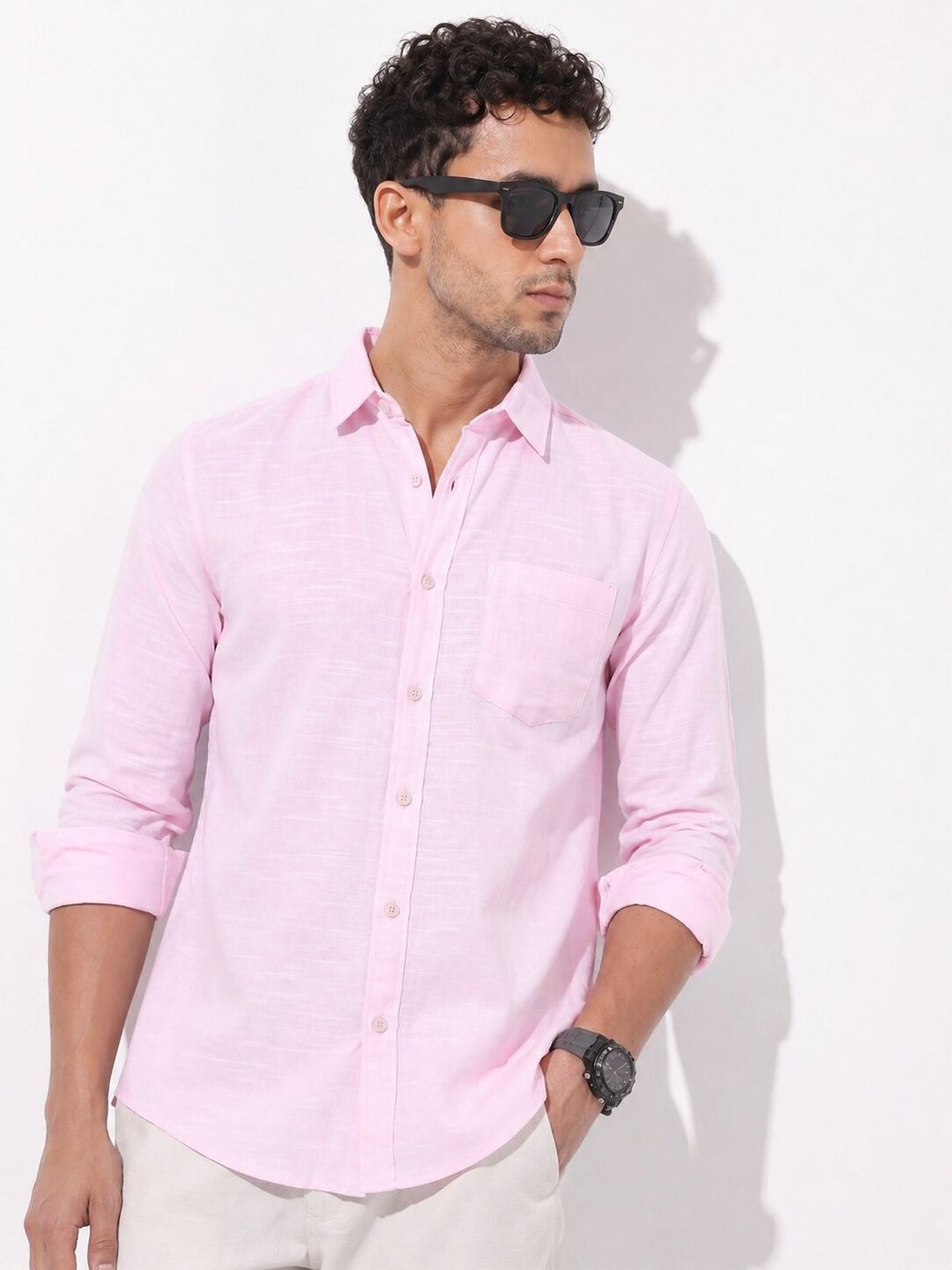 MOHICANS Men Relaxed Pink Cotton Linen Casual Shirt
