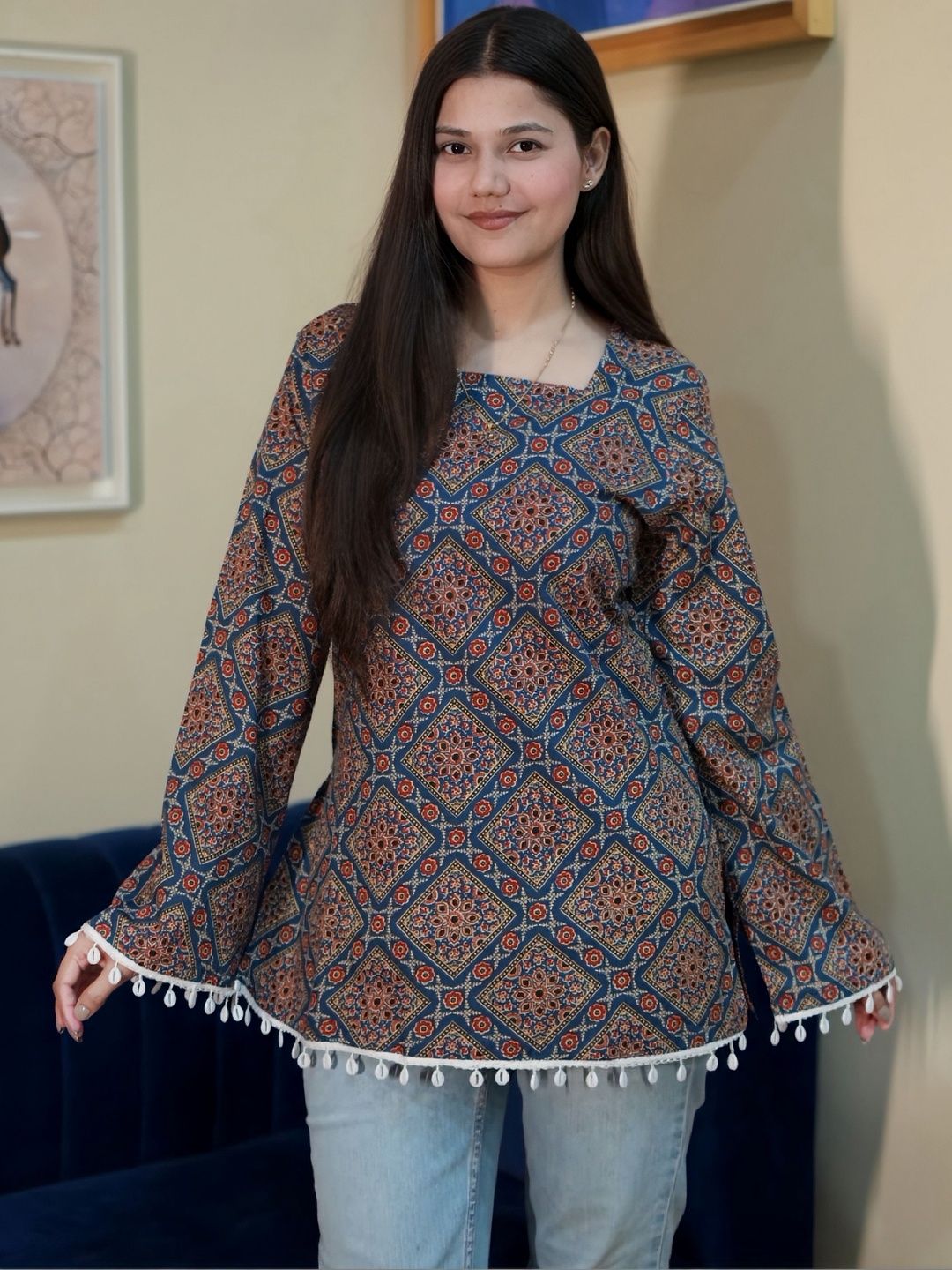 Deeps Fashion Ethnic Motifs Printed Square Neck Flared Sleeves Pure Cotton Kurti