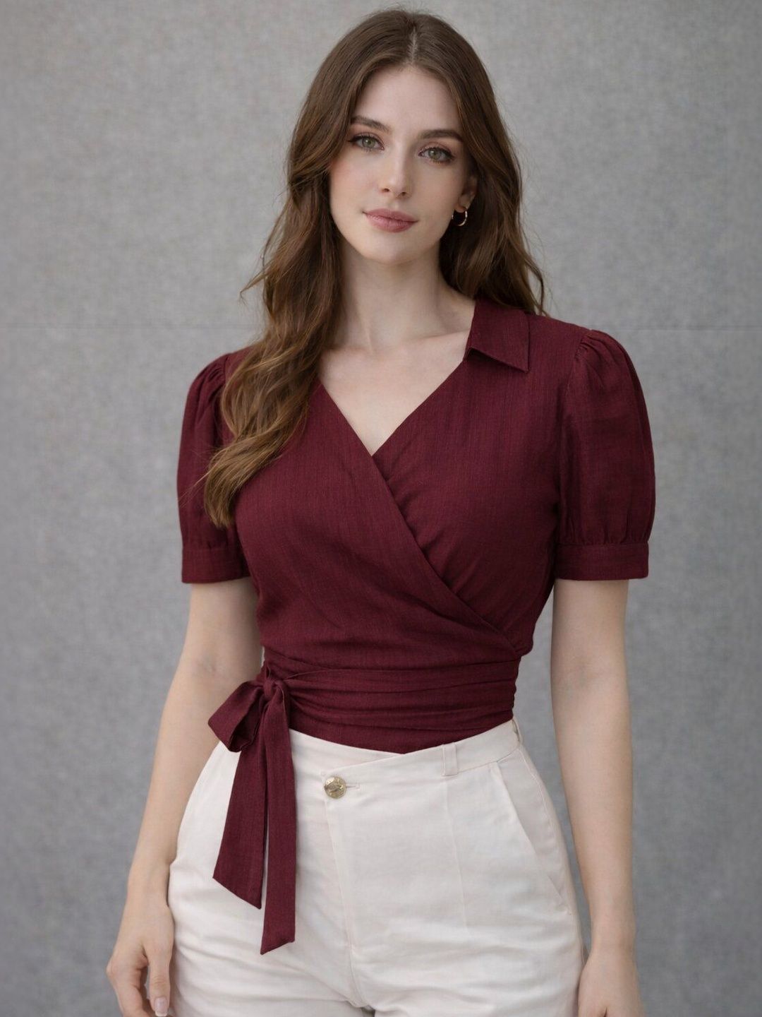 KATLINE Puff Sleeve Wrap Crop Top