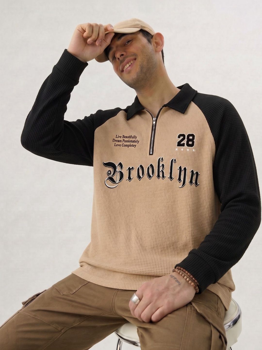 Try This Men Typography Colourblocked Polo Collar T-shirt