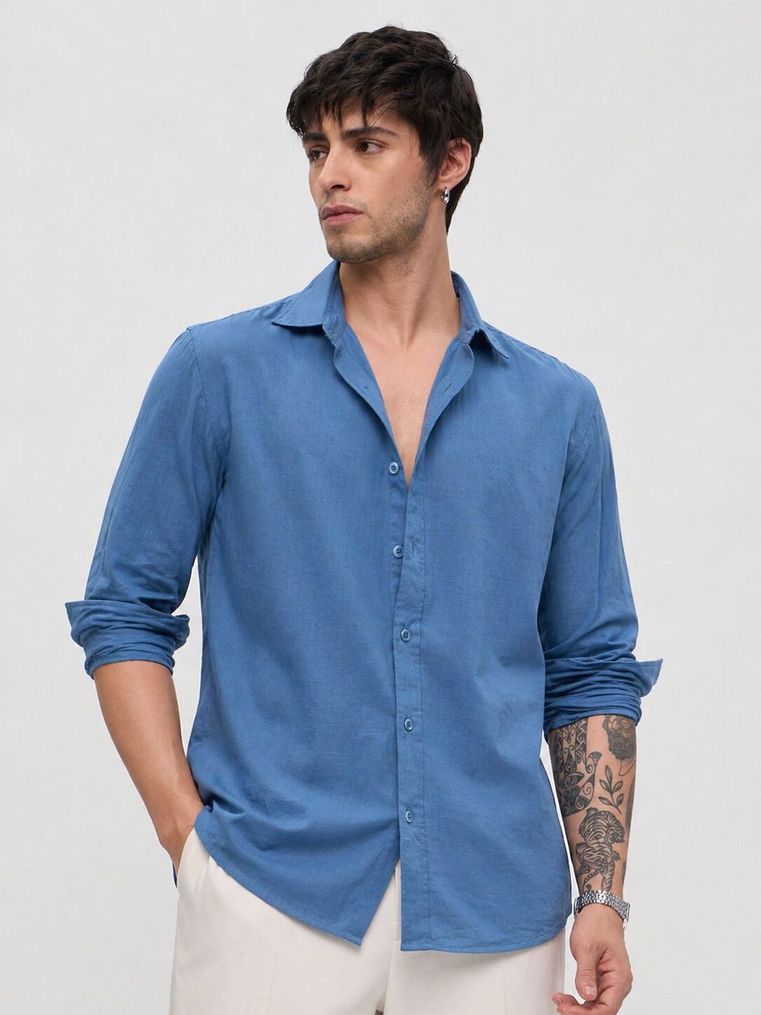 MOHICANS Men Relaxed Blue Cotton Linen Casual Shirt