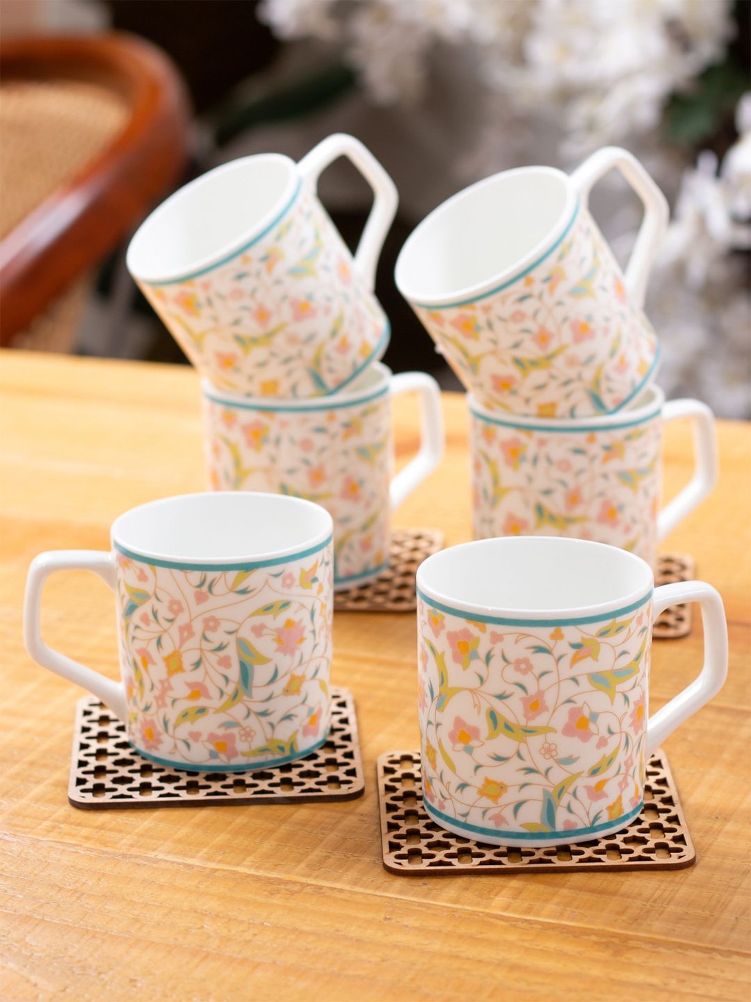 CLAY CRAFT White Floral Ceramic Microwave Safe 6 Piece Cups-220ml
