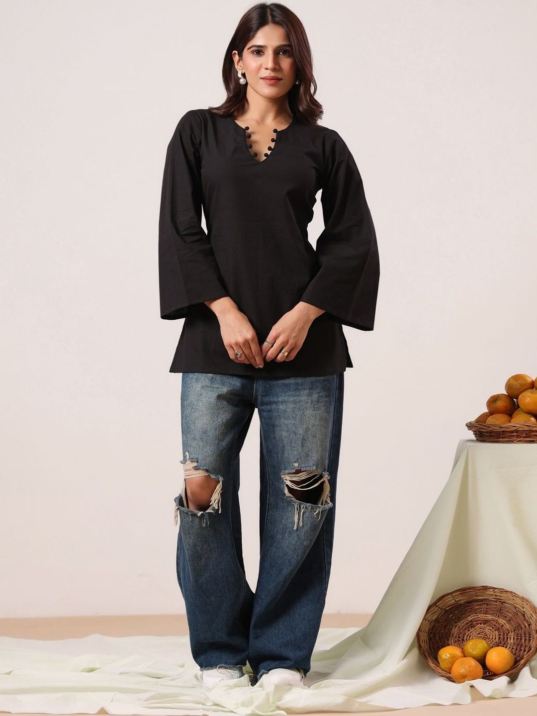 Rimeline V-Neck Flared Sleeves Pure Cotton Kurti