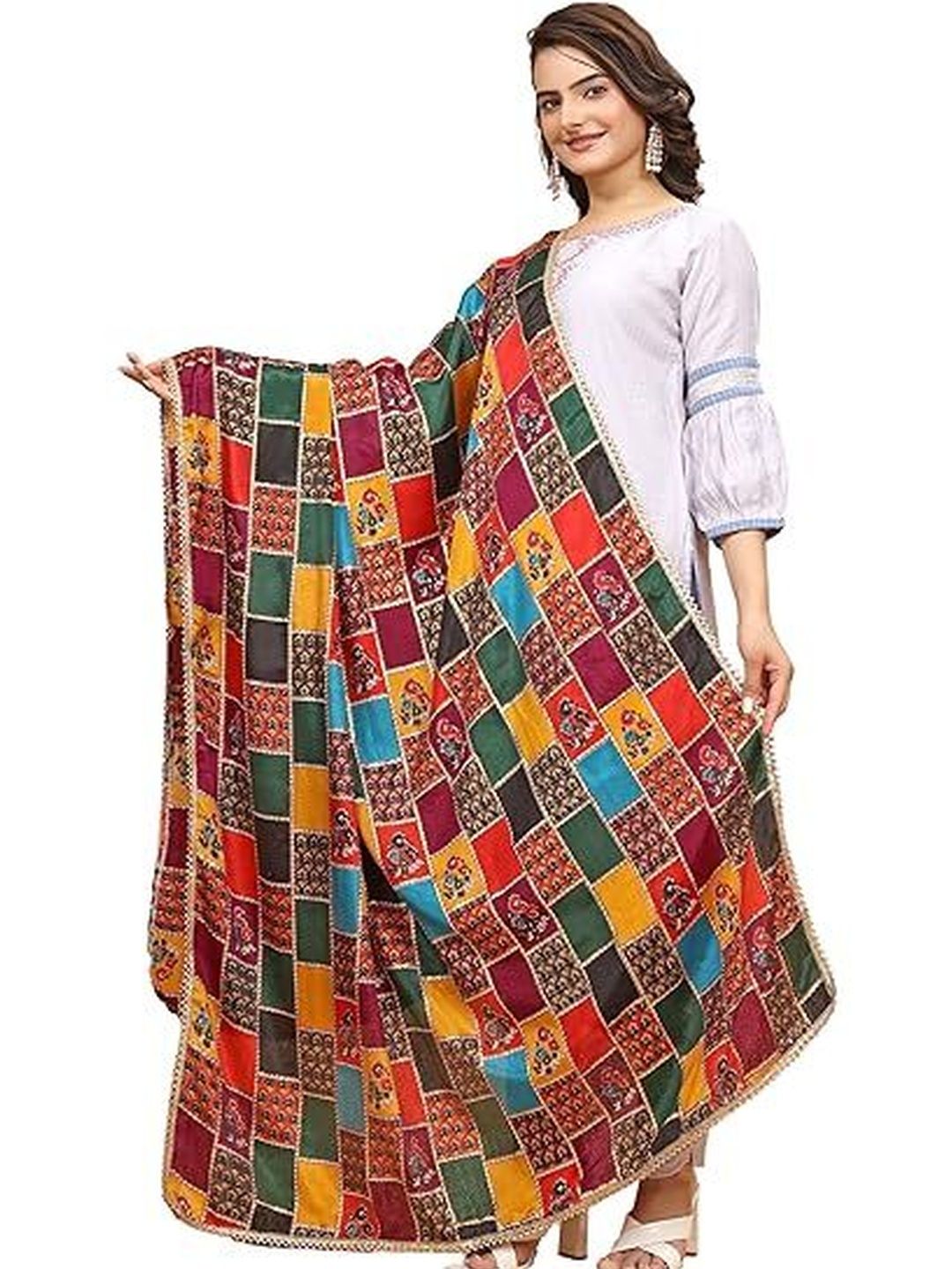 LA FEMINAE Ethnic Motifs Colourblocked Art Silk Dupatta with Zari