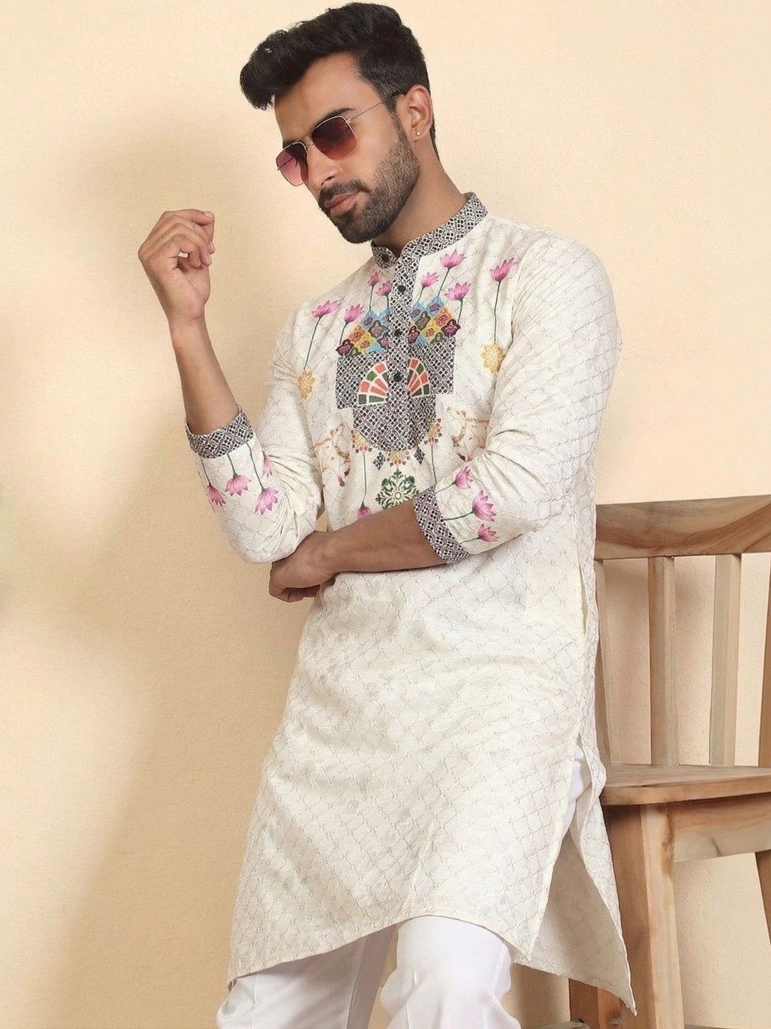 Dincharya Men Ethnic Motifs Printed Sequinned Indie Prints Kurta