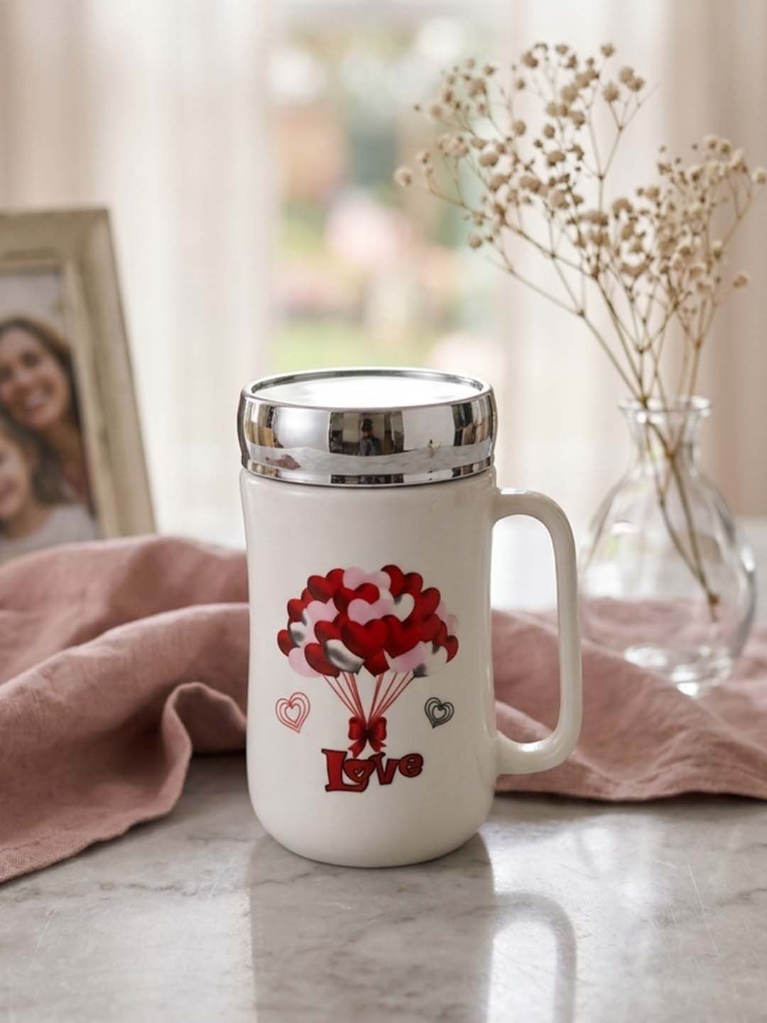 Giftii White Printed Ceramic Glossy Cups and Mugs Set of