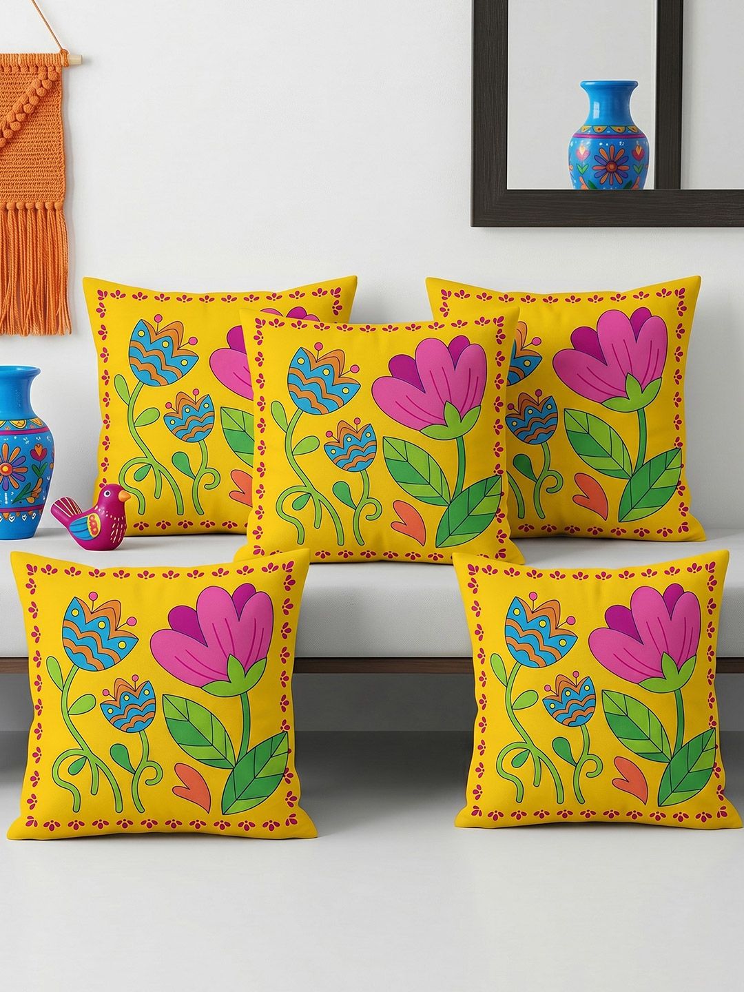 CHHAVI INDIA Pink Set of 5 Floral Square Cushion Covers