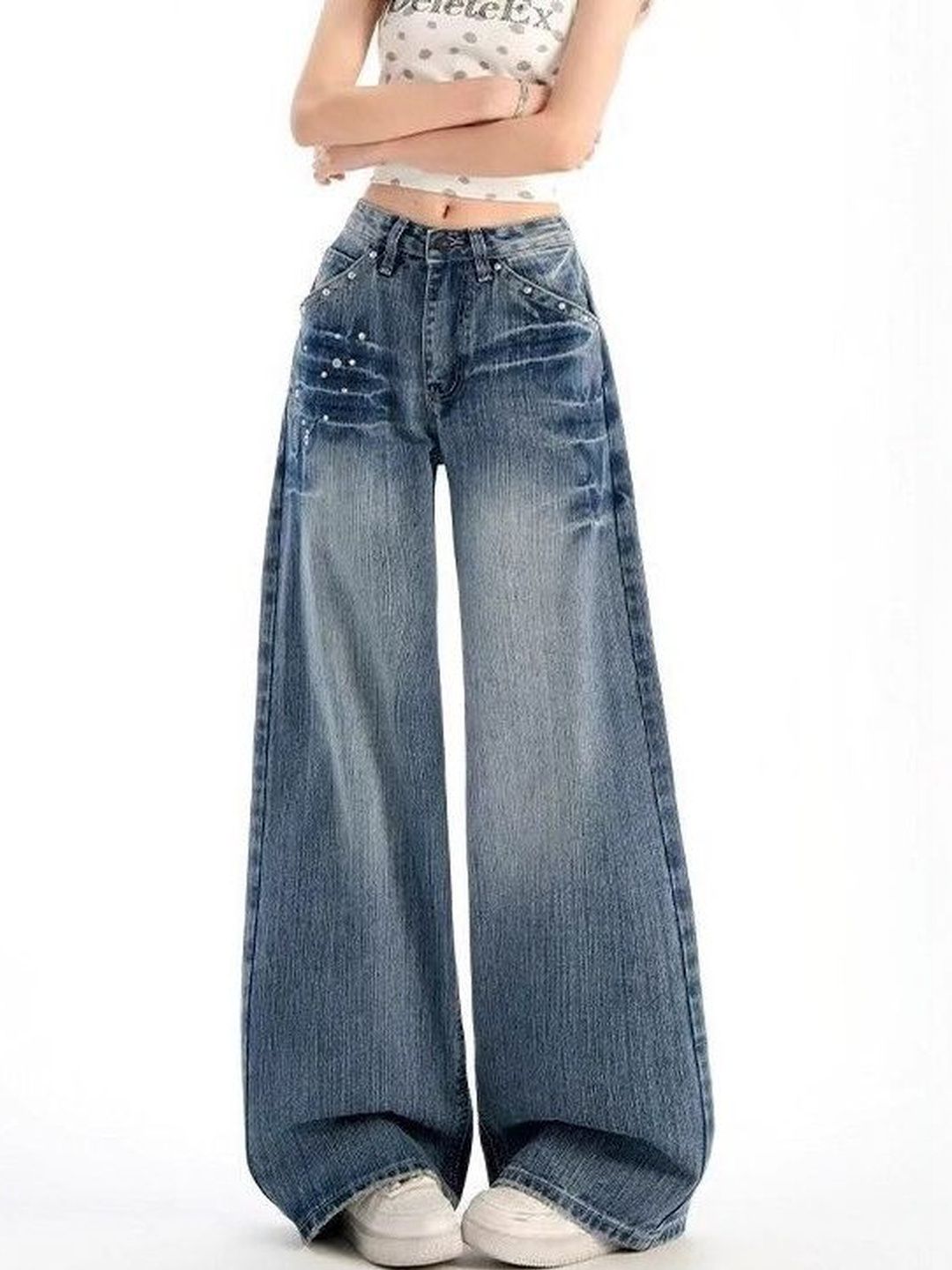 StyleCast x Revolte StyleCast x Revolte Women Wide Leg Mid-Rise Highly Distressed Heavy Fade Jeans
