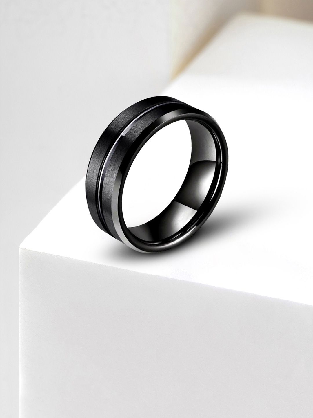 Peora Men Tungsten Grooved Center Polished Band Finger Ring