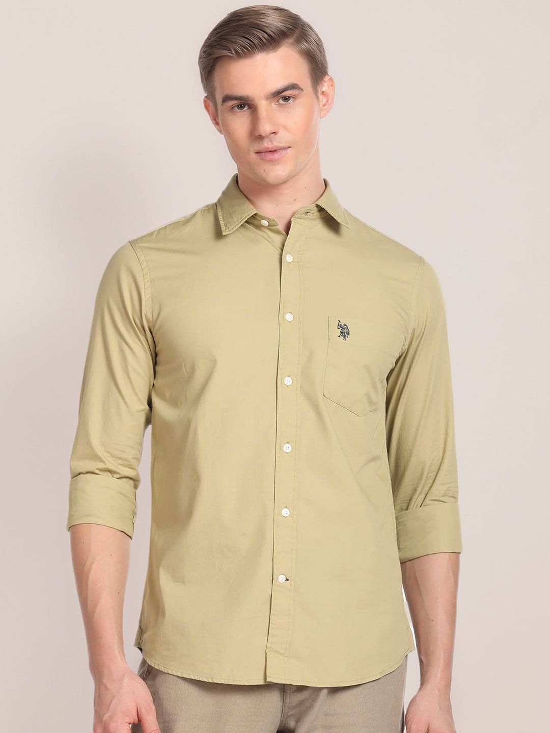 U.S. Polo Assn. U S Polo Assn Men Beige Solid Tailored Fit Formal Shirt