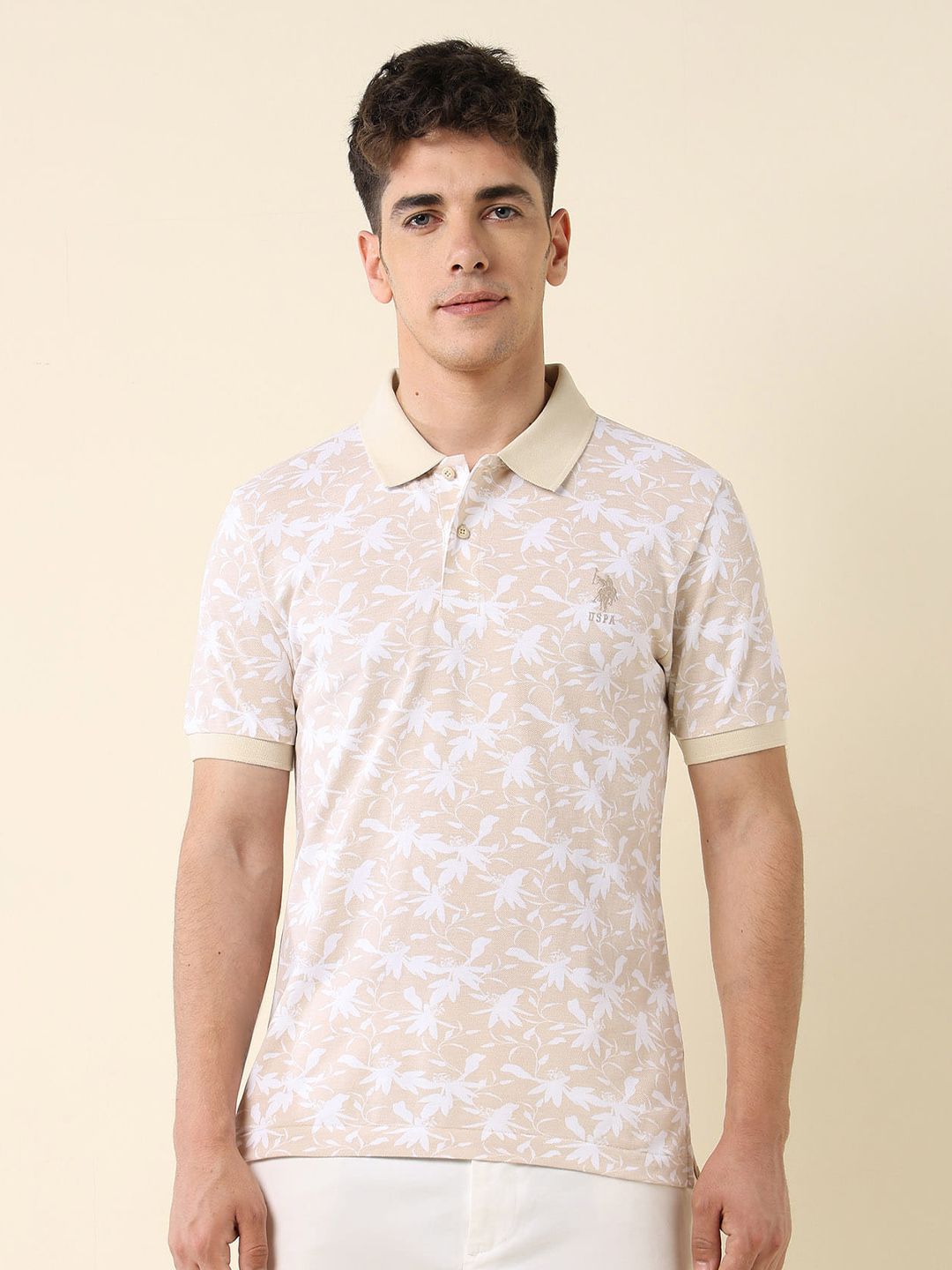 U.S. Polo Assn. Floral Printed Polo Collar Pure Cotton Slim Fit T-shirt