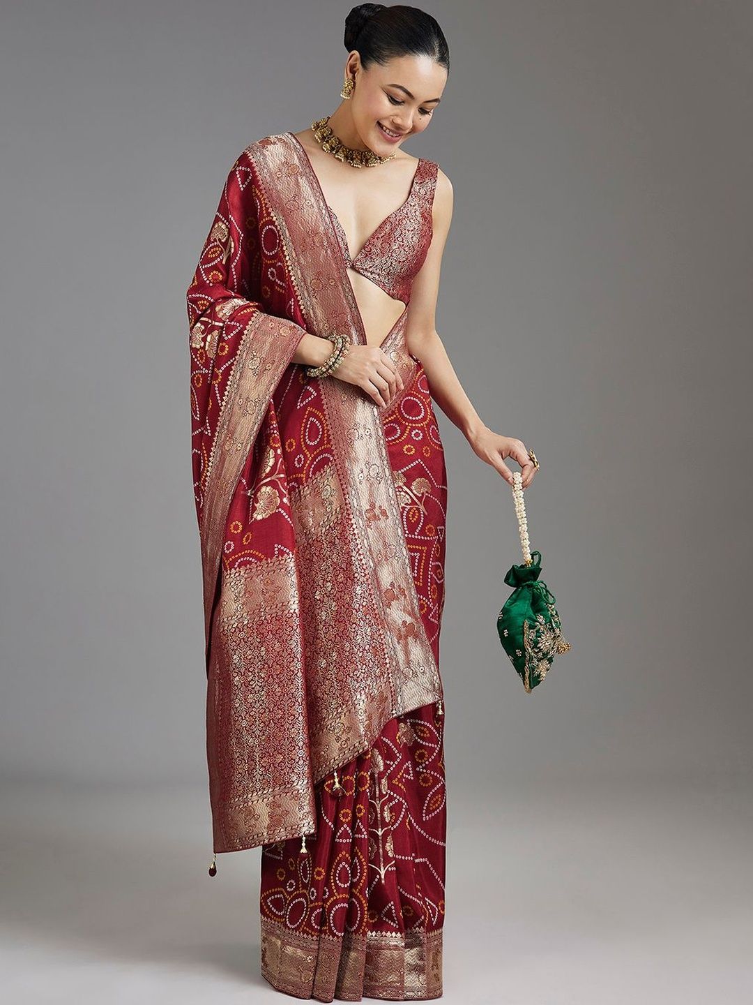 KALKI Fashion KALKI Fashion Bandhani Zari Silk Blend Heavy Work Saree