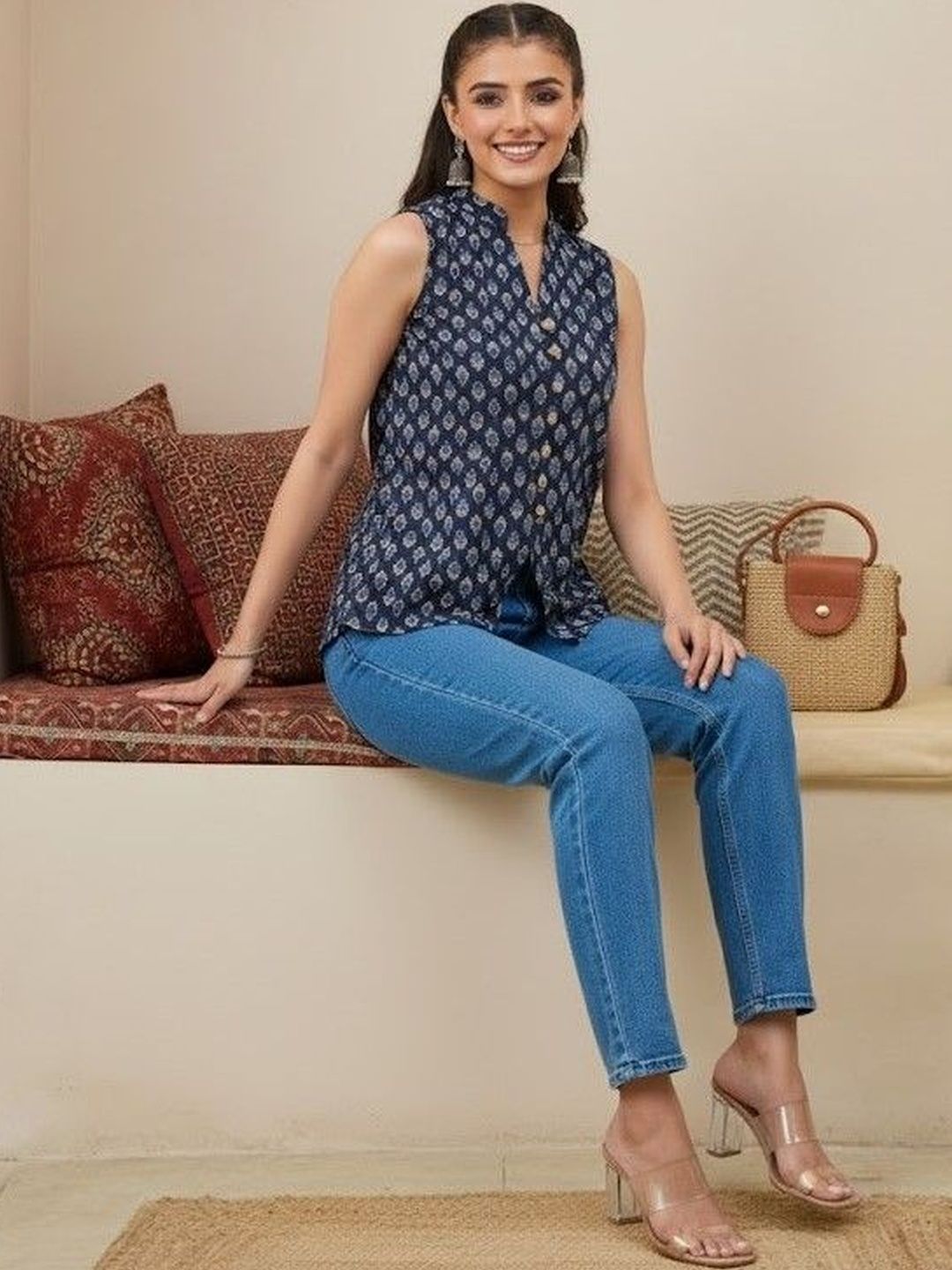 SZN Print Mandarin Collar Ethnic Cotton Top