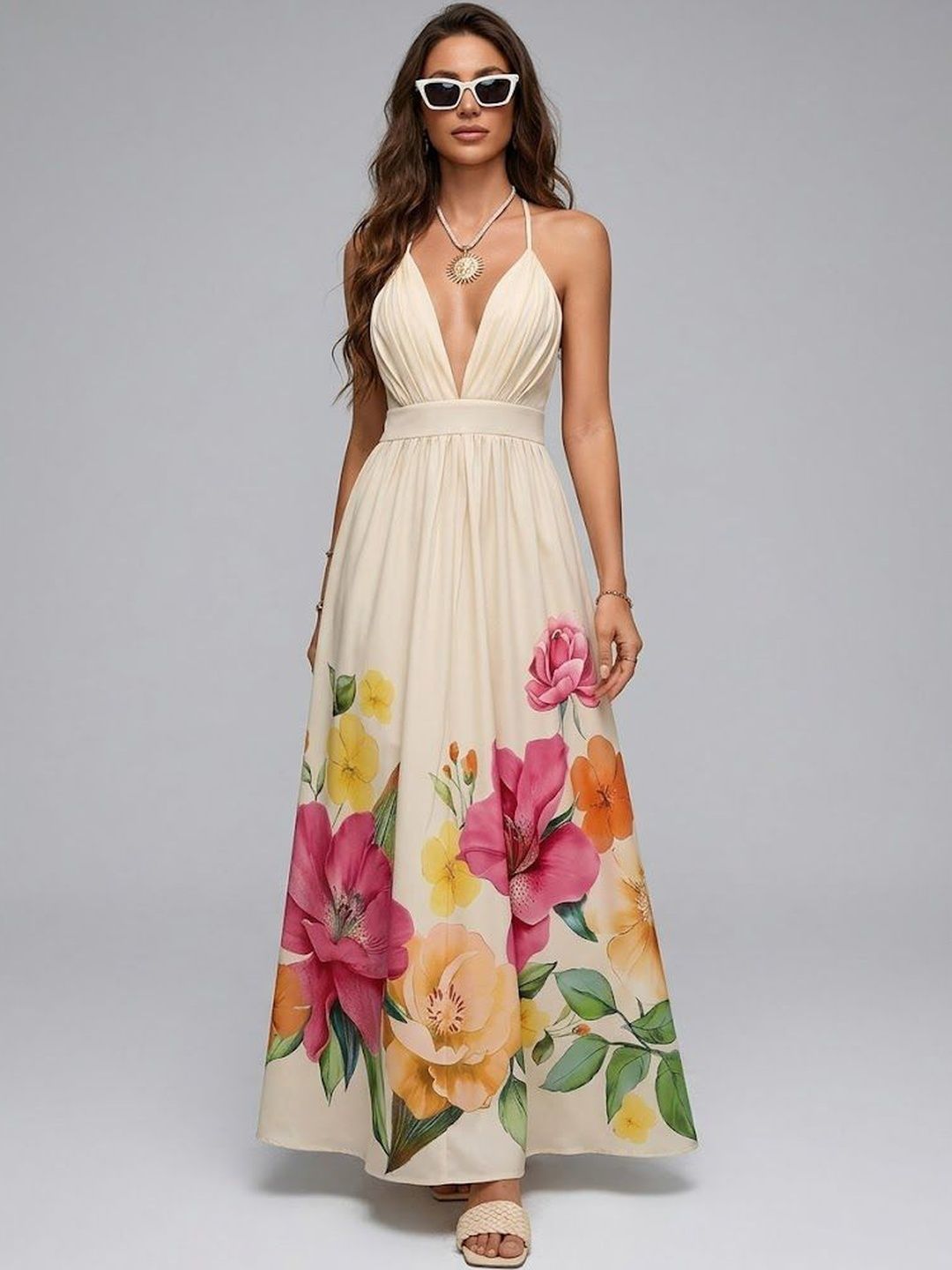 StyleCast x Revolte Floral Print Halter Neck Maxi Dress