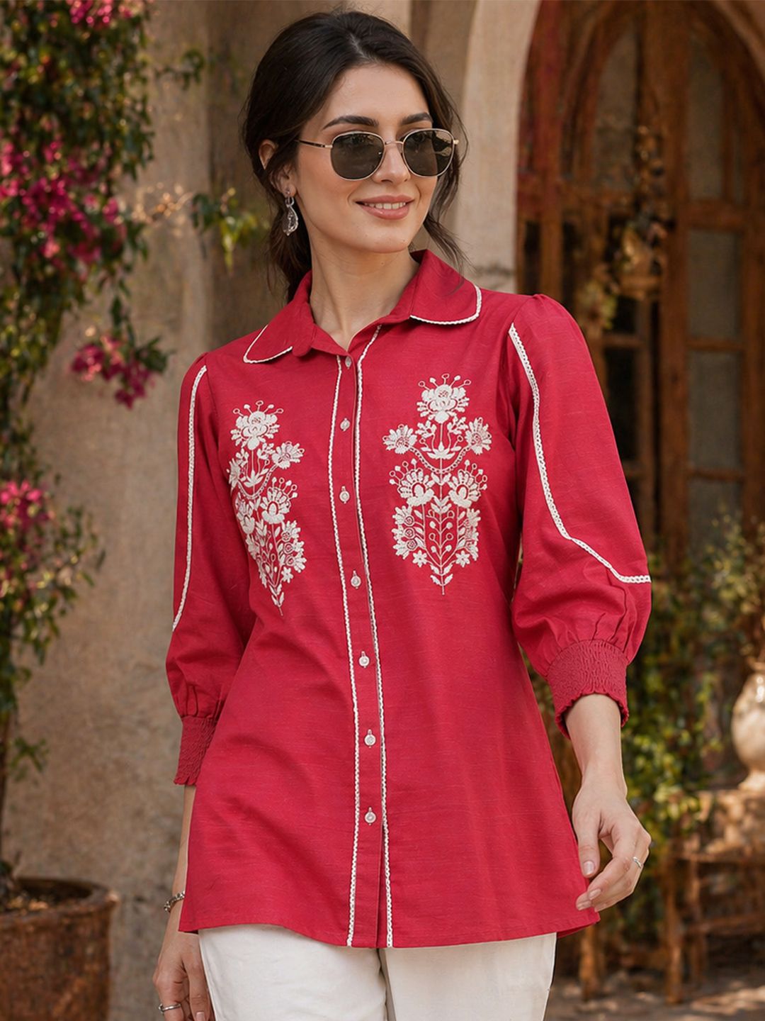 Buy Nayam By Lakshita Puff Floral Embroidered Linen Shirt Collar