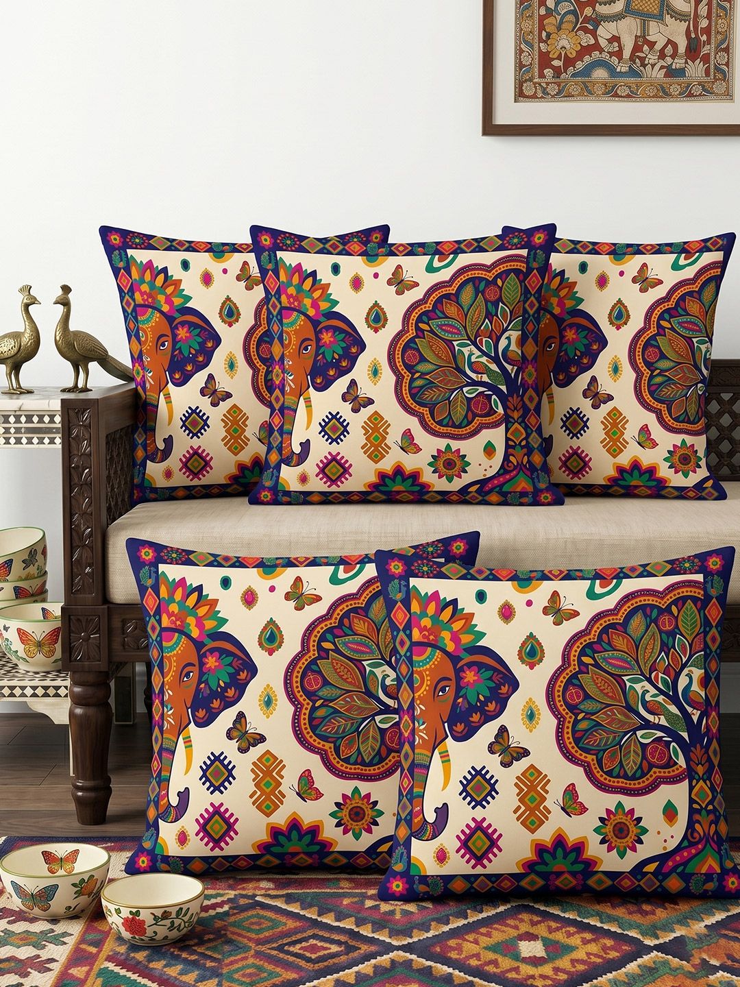 CHHAVI INDIA CHHAVI INDIA Multicoloured Set of 5 Ethnic Motifs Square Cushion Covers