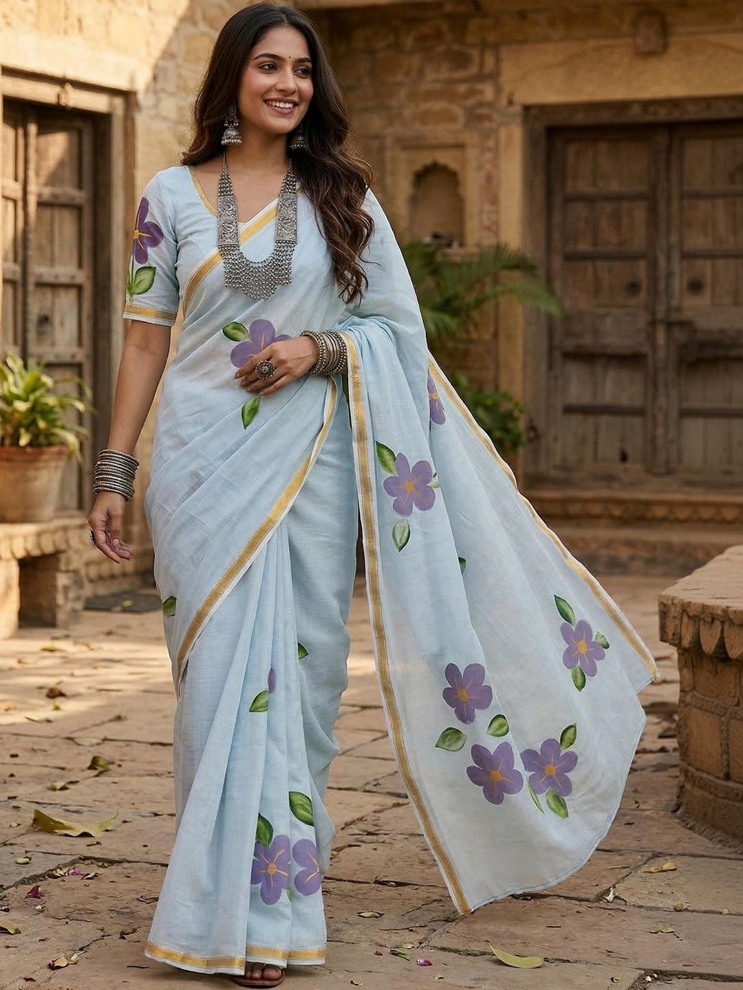 Rare Bello Floral Pure Cotton Handloom Bagh Saree